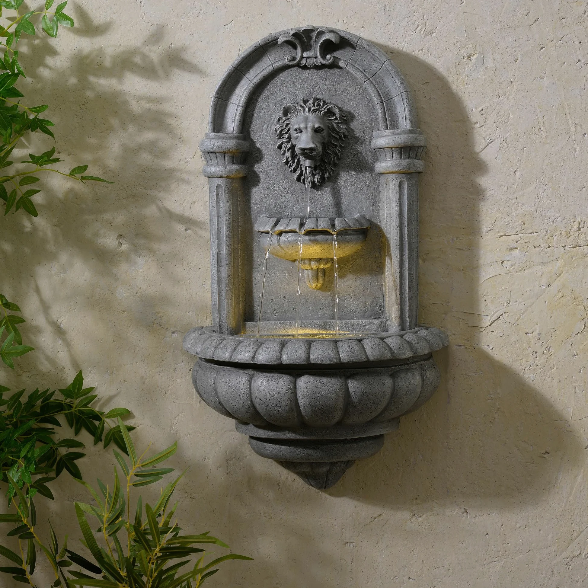 Teamson Home Fontaine Murale tête de Lion 81 cm Effet Pierre, éclairage LED intégré et Design Classique, Pierre Naturelle