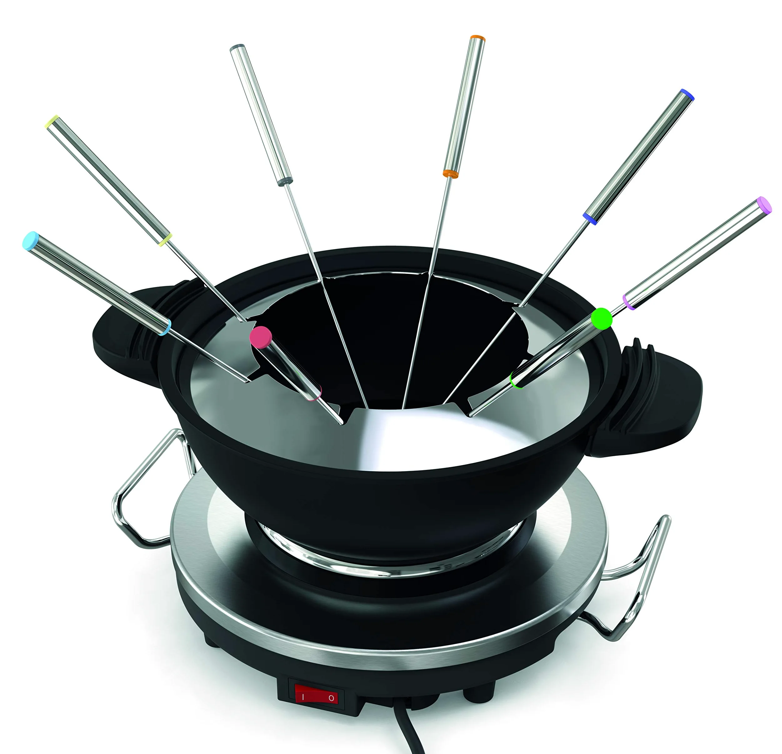 riviera&bar Fondue-Réchaud Électrique 1000W - Capacité 1,2L pour 8 Personnes - Température Réglable 6 Niveaux - Caquelon en Fonte Émaillée - INOX et Acier Chromé - Accessoires Inclus - Acier Chromé