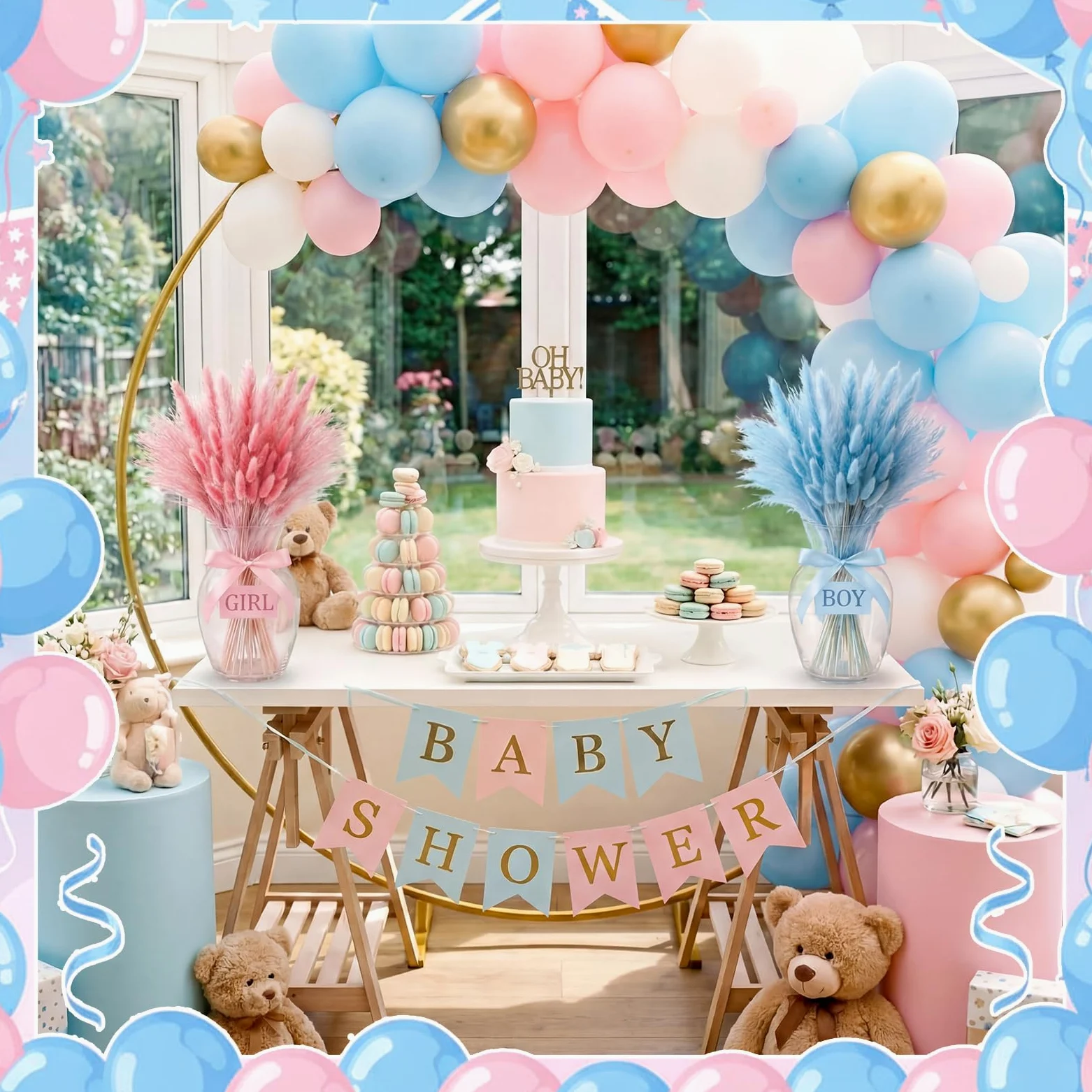 Hoteam Lot de 105 décorations de révélation du sexe rose bleu herbe de la pampa garçon ou fille | Décoration de fête prénatale « He or She » bohème - Herbe de la pampa - Fleurs séchées pour centres de table ou vase