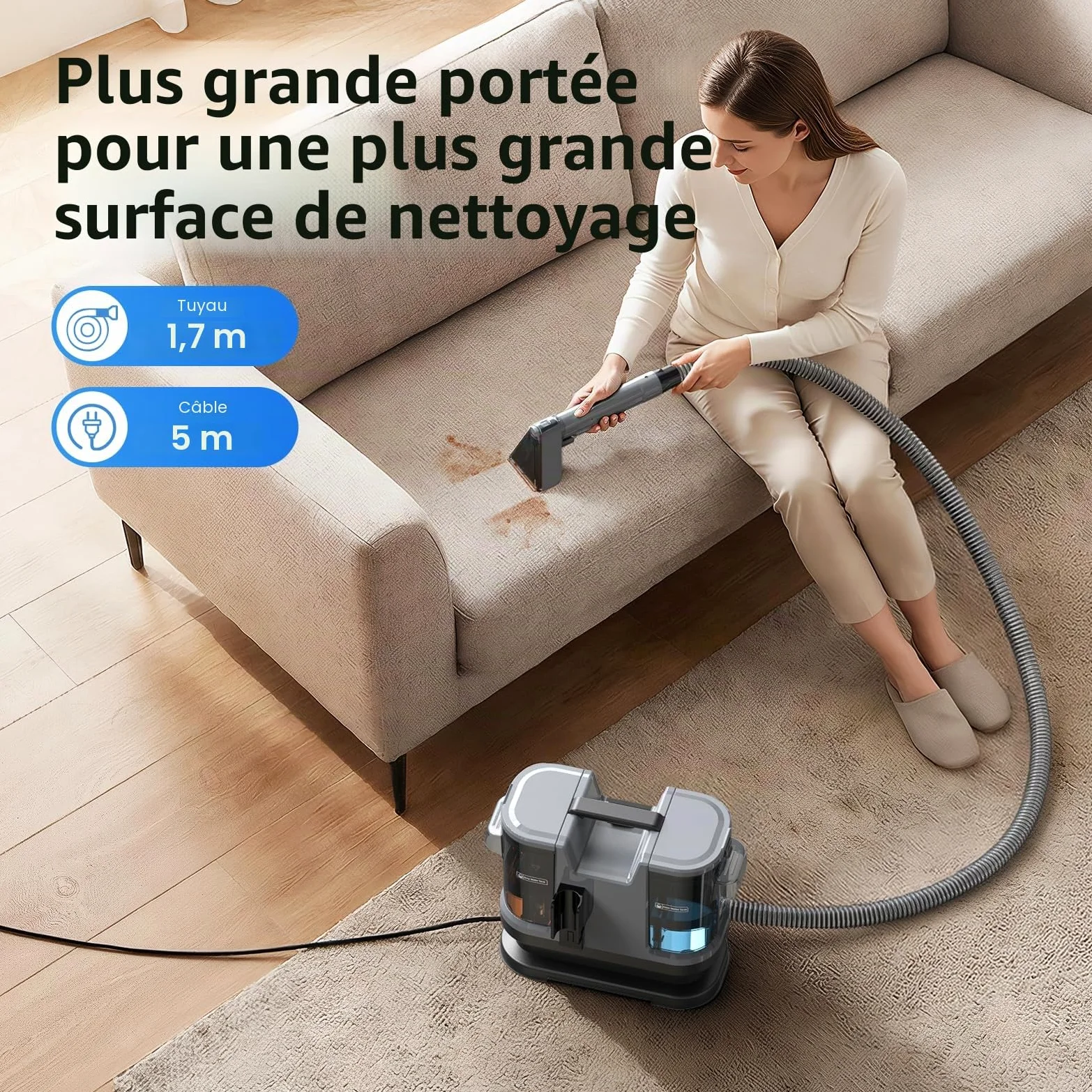 Lubluelu Shampouineuse Canapé Injecteur-Extracteur 600 W, 20 kPa – Nettoyeur Tapis et Moquettes Portable avec Fonction Auto-Nettoyante, Long Tuyau pour Canapés, Tapis et Intérieur de Voiture