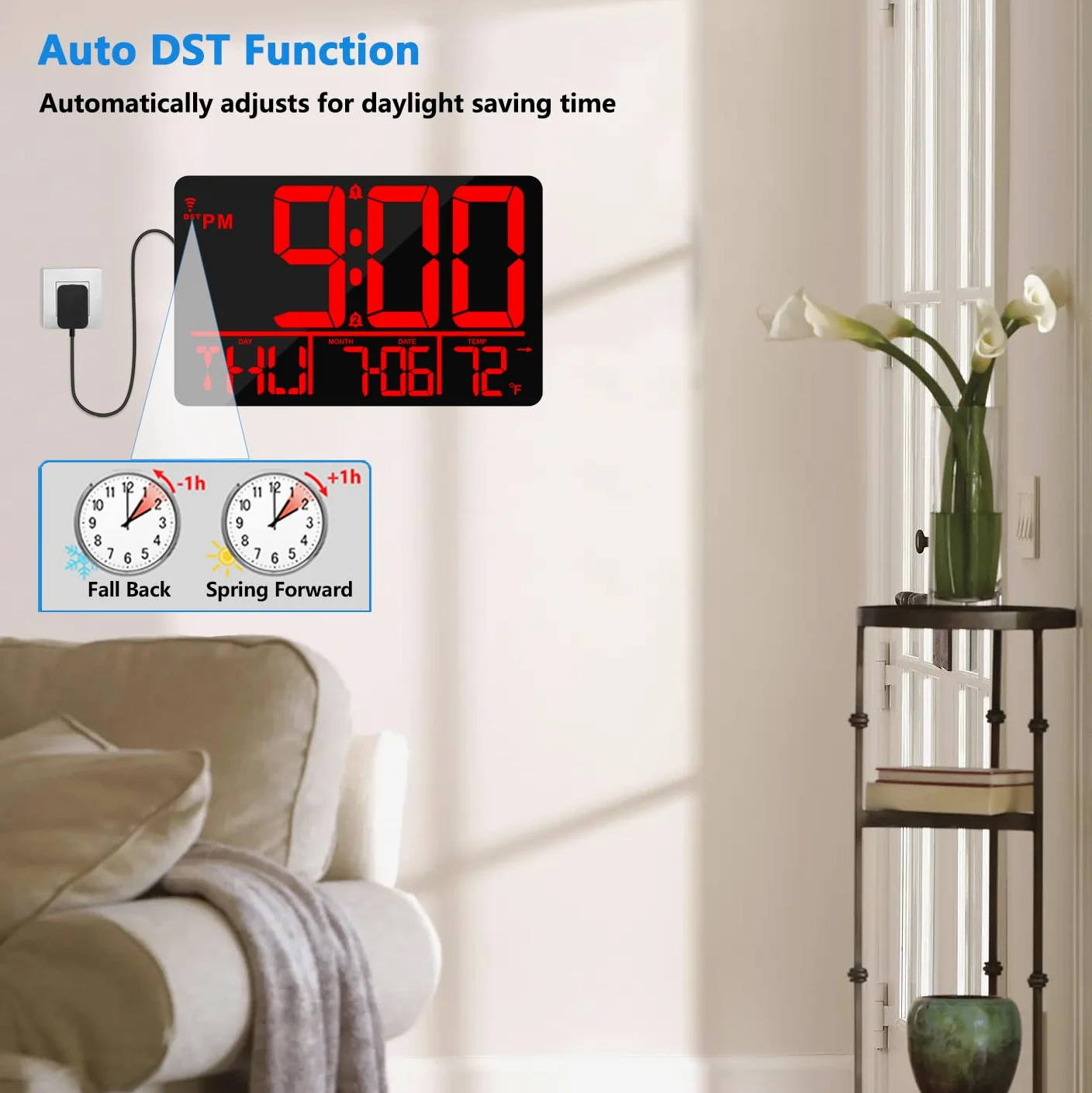 Grande horloge murale numérique LED de 33 cm avec télécommande, synchronisation Bluetooth, 25 sonneries, température, date et jour de la semaine, double alarme, luminosité automatique, DST
