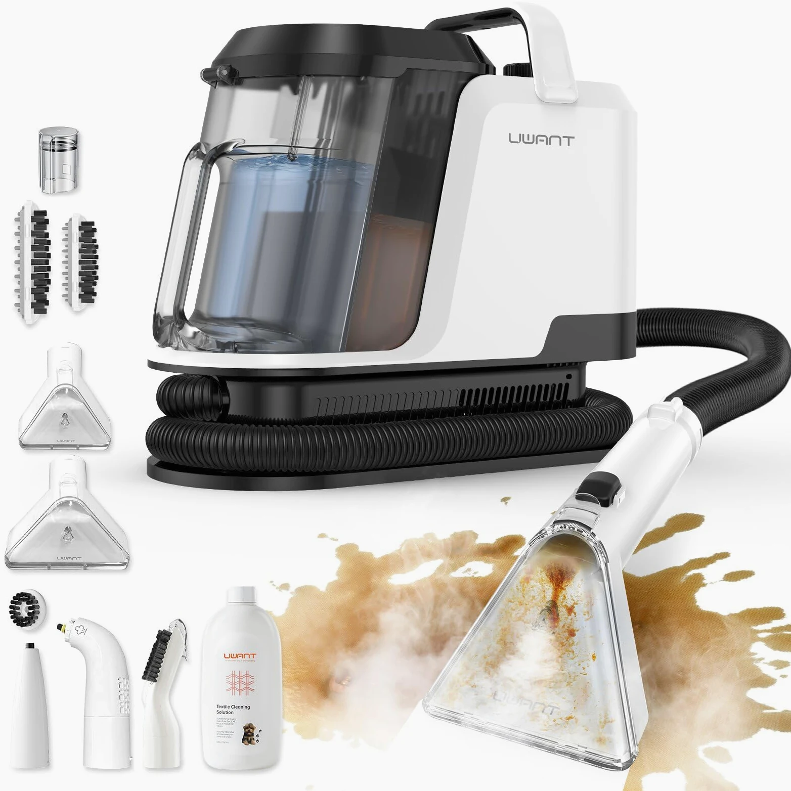 Uwant Y100 Steam 3-en-1 Shampouineuse, Nettoyeur Canapé Tissu 18KPA, 1750W, Nettoyeur Vapeur 100°C, à l'Eau Chaude 65°C, à l'Eau Froide, Auto-nettoyage, Injecteur Extracteur Tête Multi, Détergent