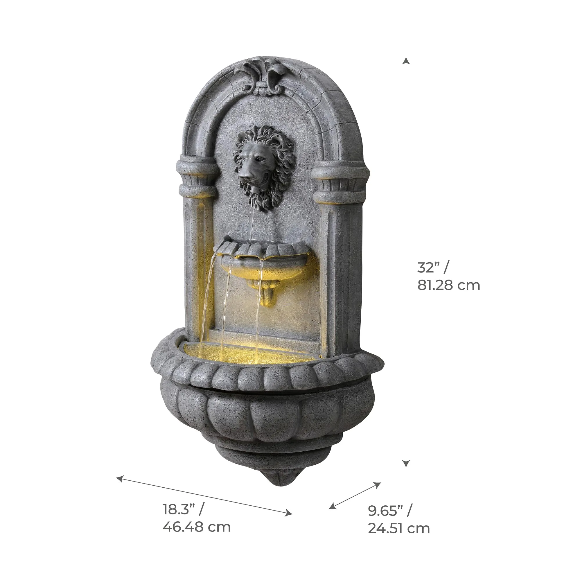 Teamson Home Fontaine Murale tête de Lion 81 cm Effet Pierre, éclairage LED intégré et Design Classique, Pierre Naturelle