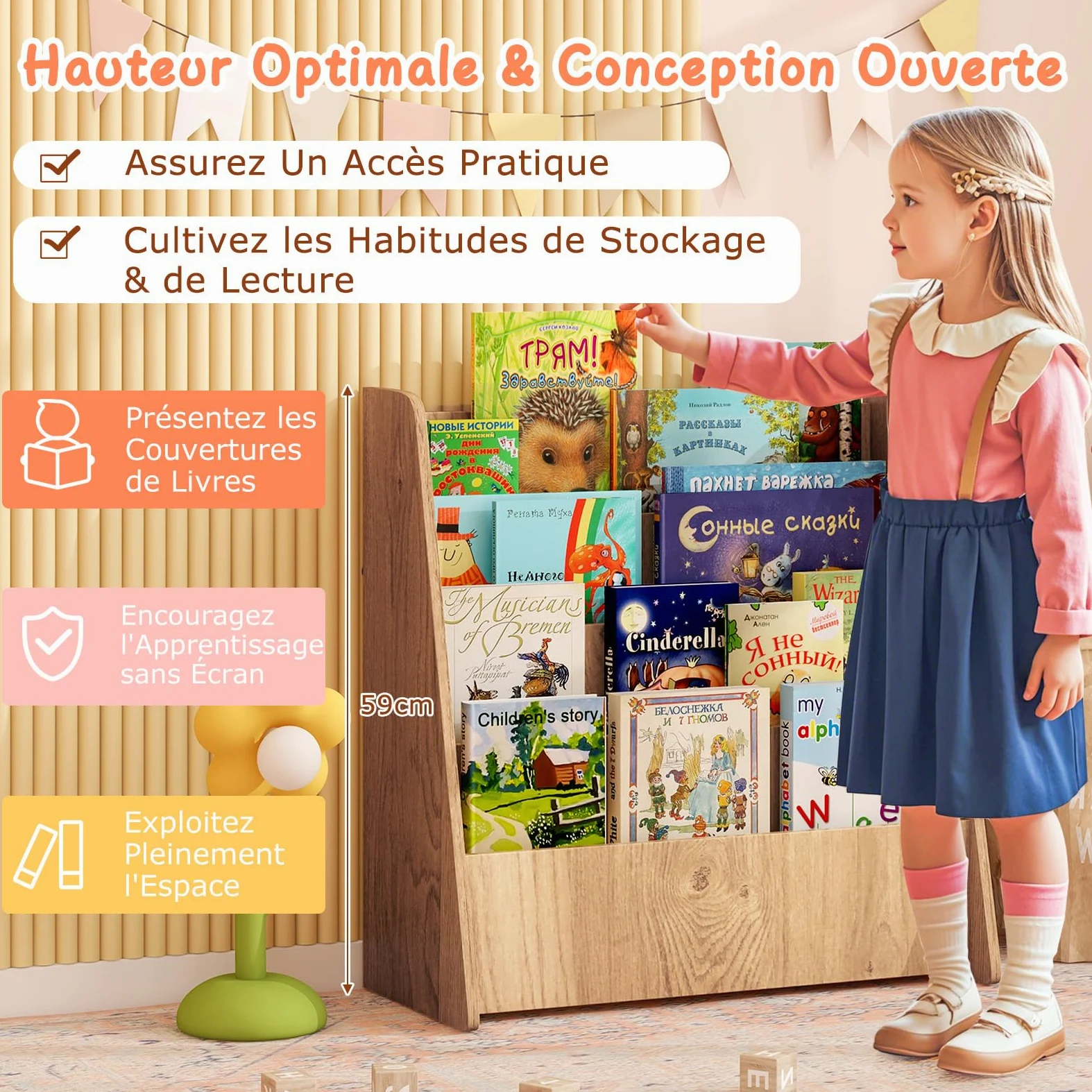 COSTWAY Bibliothèque Enfant en Bois à 4 Niveaux de Compartiments Ouverts, Étagère à Livres avec Patins Antidérapants, Meuble Rangement Jouet Montessori pour Bureau Chambre d’Enfant, 57,5x26,5x59cm