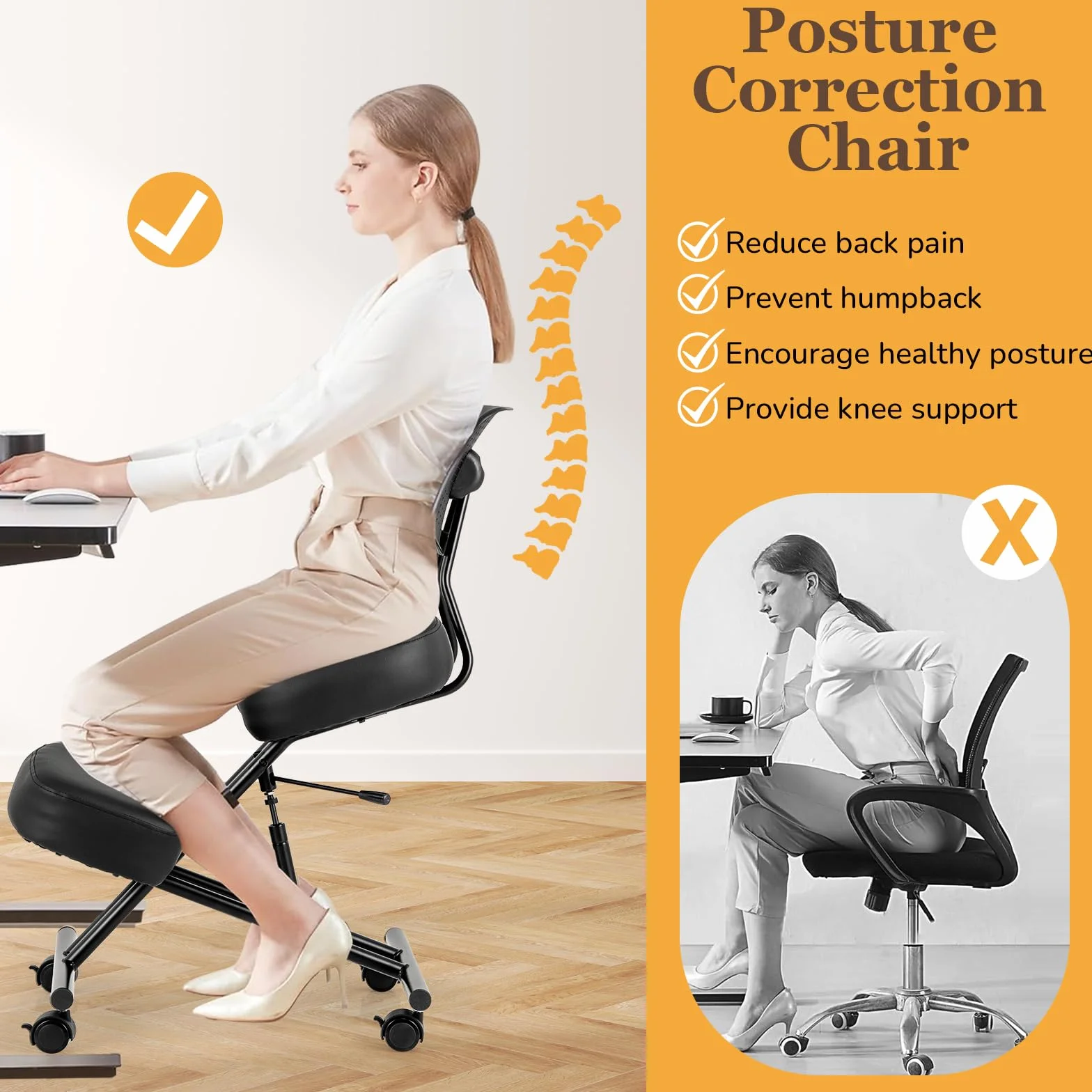 GIANTEX Tabouret Genouillères Réglable avec Dossier, Chaise de Travail Ergonomique, Roues à Verrouillage, Support pour Genoux, Chaises Orthopédiques pour Corriger la Posture Assise, Charge 110 kg