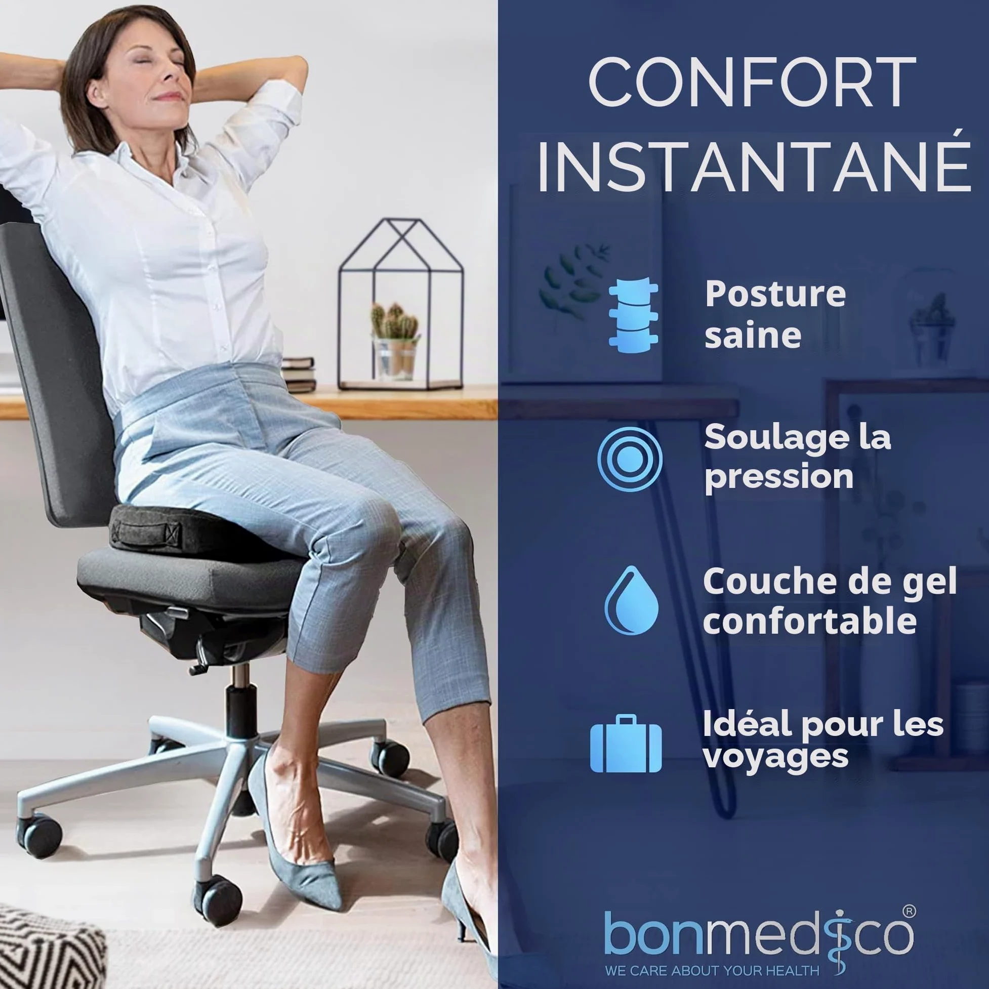 Coussin Ergonomique Assise et Coccyx en Mémoire de Forme - Coussin Orthopédique pour Chaise Bureau, Fauteuil et Voiture Conducteur - Soulage Sciatique et Lombaire - Coussin de Chaise – Noir, Standard