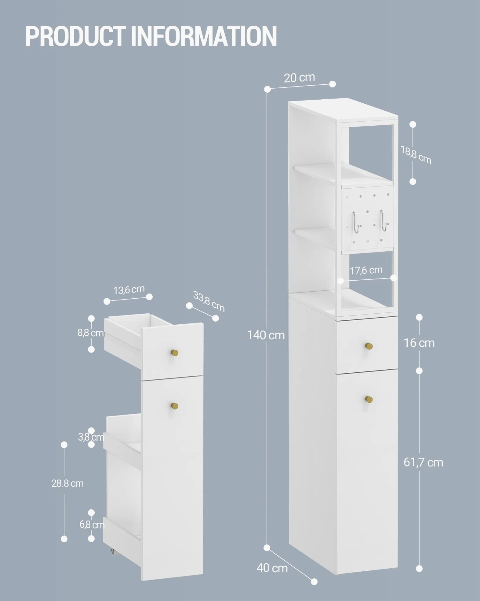 Hzuaneri Meuble de Salle de Bain Haut, Armoire de Rangement Fin, avec 2 Compartiments Ouverts, 2 Tiroirs et roulettes, Meuble de Cuisine, pour Petits Espaces, 40 x 20 x 140 cm Blanc BC32003W