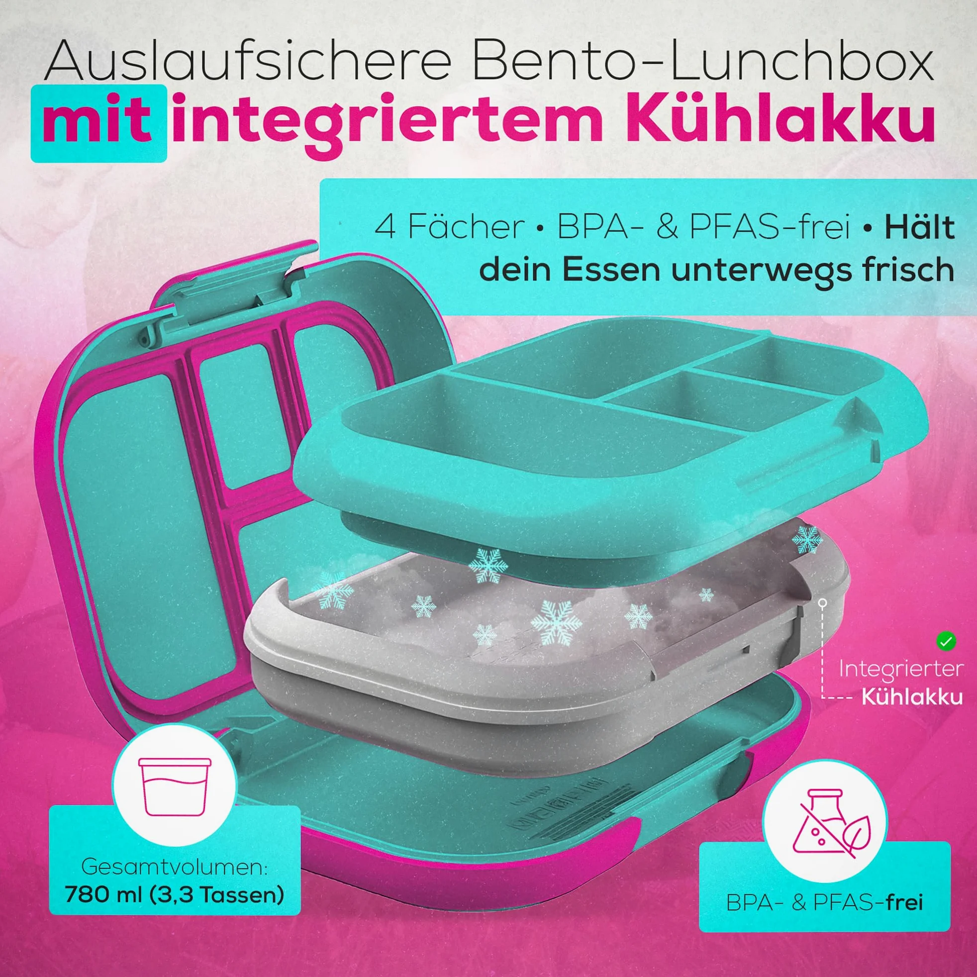 Boîte à bento étanche à 4 compartiments avec pack de glace intégré, capacité de 3,3 tasses sans PFAS et BPA, passe au micro-ondes et au lave-vaisselle. Taille idéale