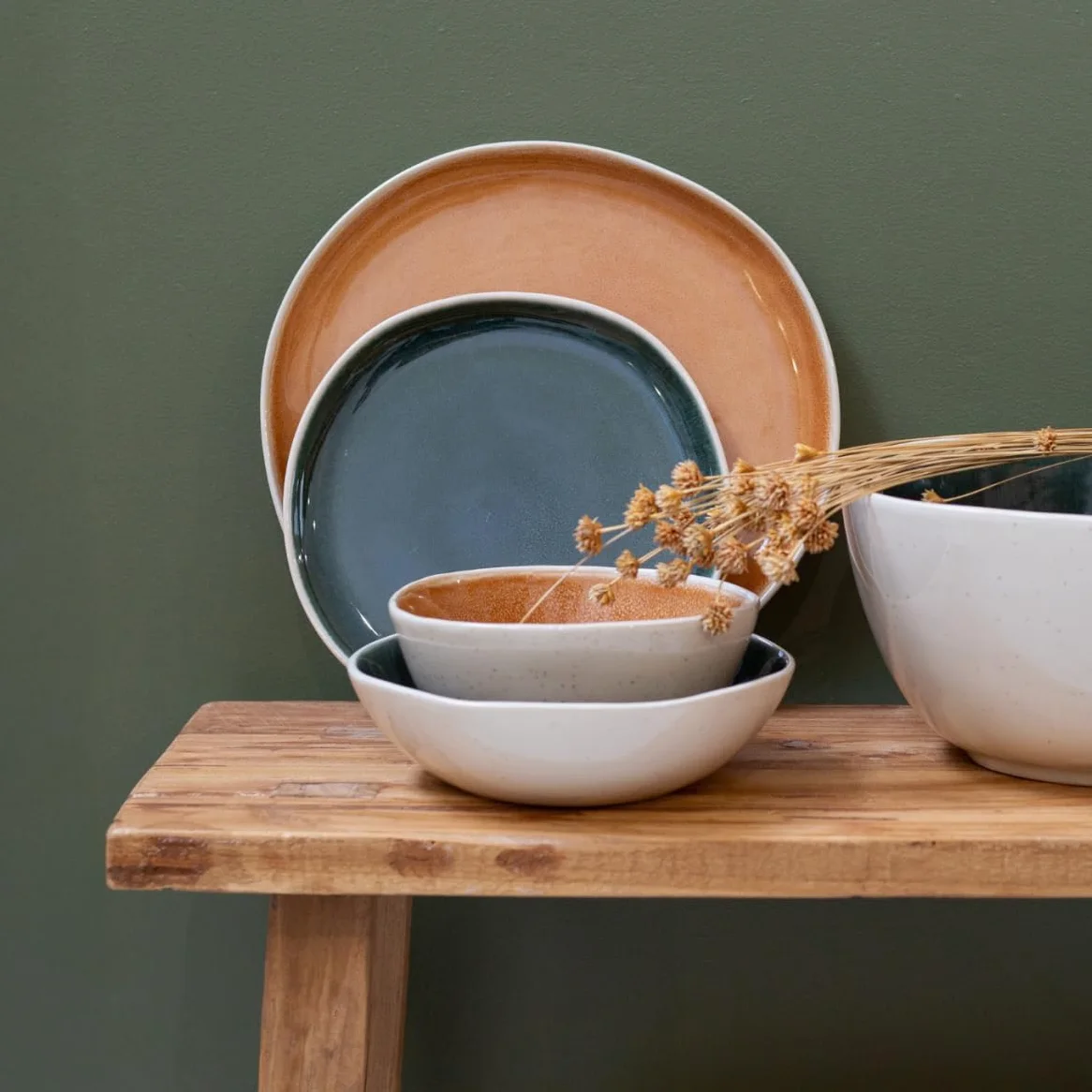 Artime Lot D'Assiettes Creuses En Céramique Émaillée, Couleurs Beige Orange Et Vert, Ø18,5 x H5 Cm, Contenance 680 Ml, Style Naturel Et Contemporain