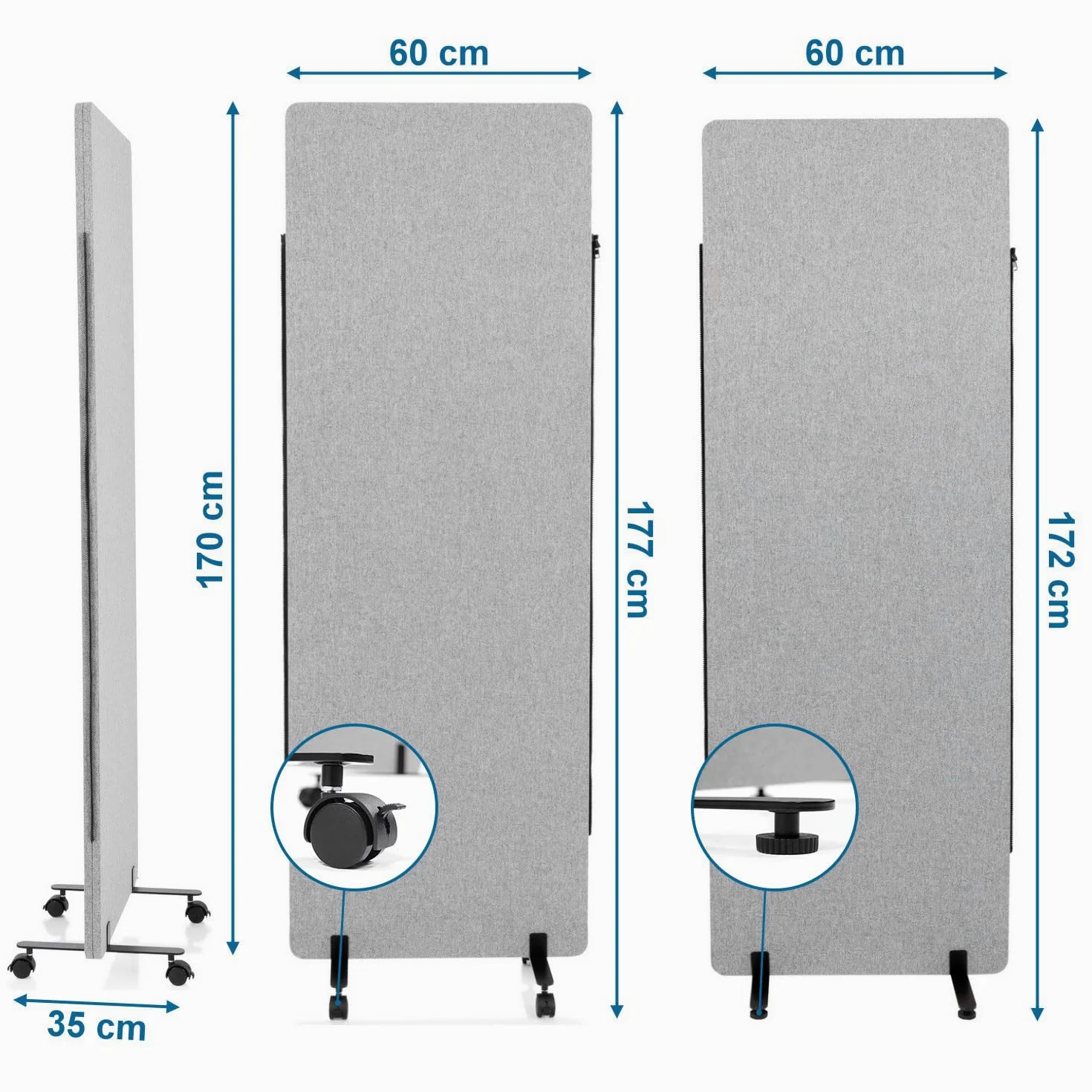 hjh OFFICE 891001 Cloison de Séparation Acoustique Mobiles FLEXMIUT 177 x 60 cm, Lot de 2, Paravent avec roulettes et Patins, Tissu Gris Clair