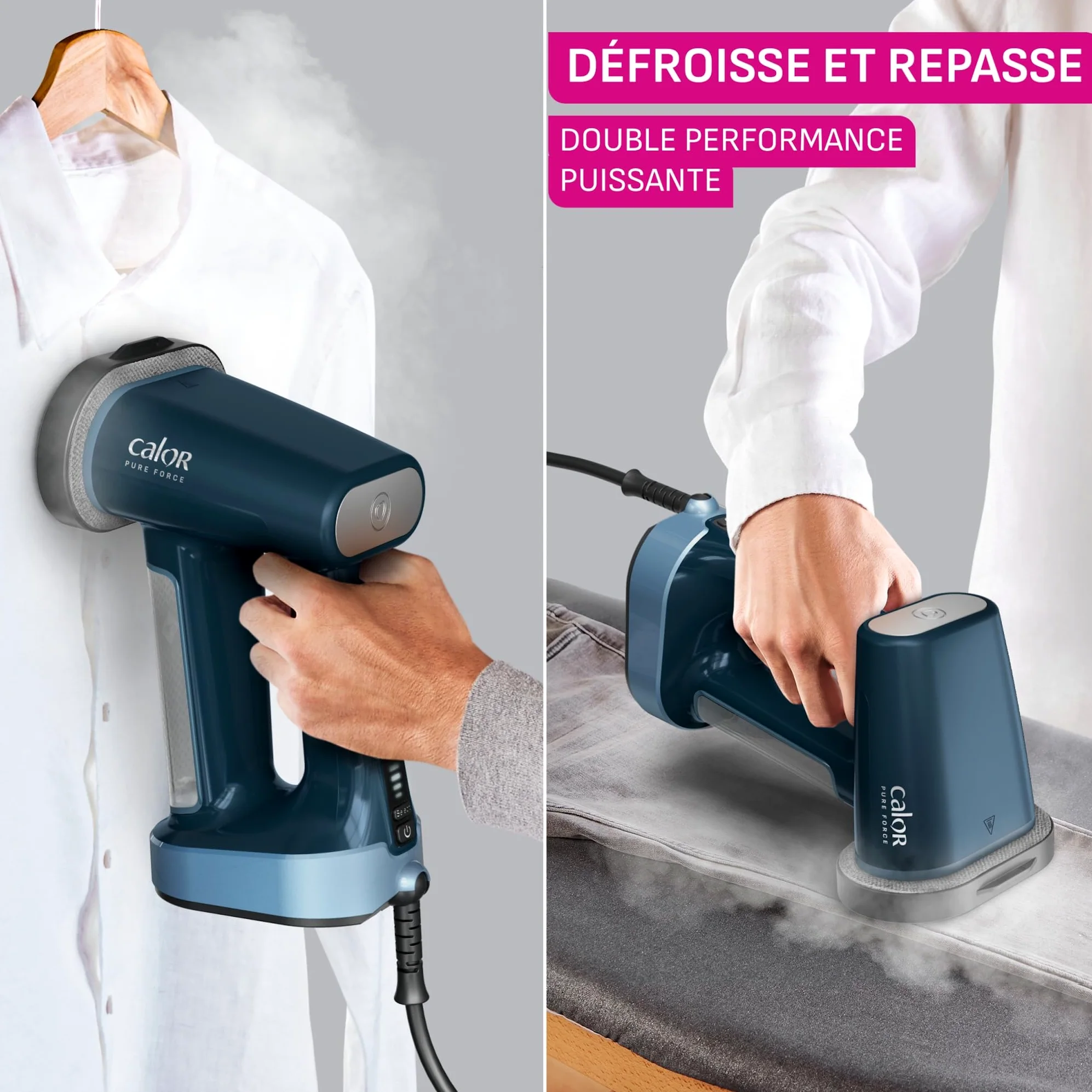 Calor Pure Force 3en1, Défroisseur à main et fer à repasser, Utilisation verticale/horizontale, Nettoie, 1800W, 35g/min, Prêt en 25s, DT8755C0, Bleu Métallisé