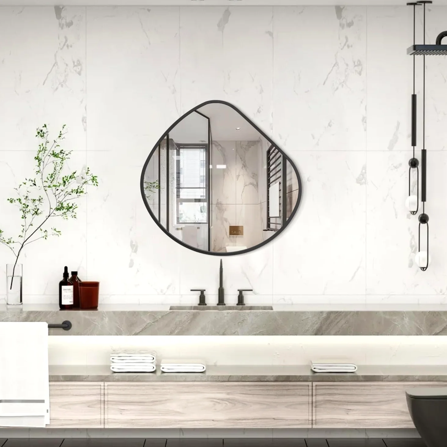 Miroir mural irrégulier, miroirs muraux décoratifs 48 x 50 cm, miroir asymétrique noir avec cadre en alliage d'aluminium aéronautique pour salle de bain, salon, chambre à coucher, entrée