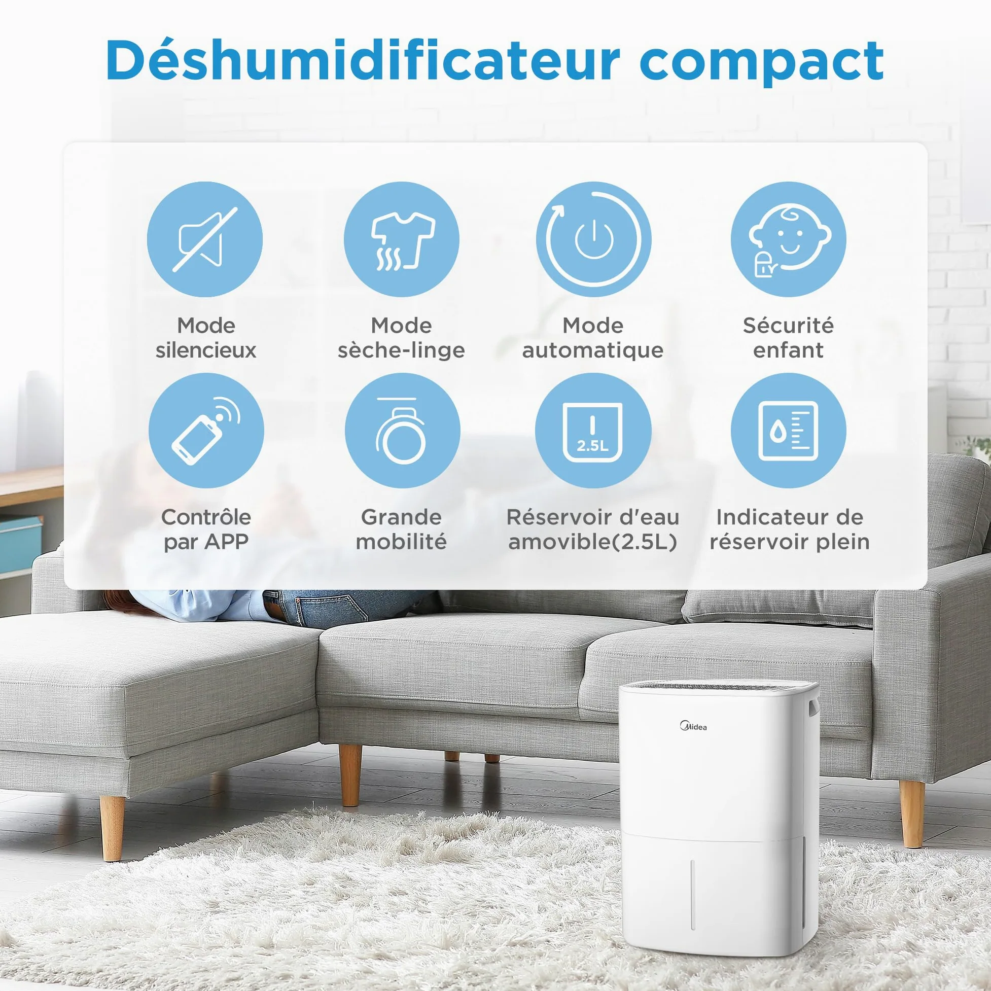 MIDEA Deshumidificateur d air Anti Moisissure 12L - Compresseur Intelligent et APP - Absorbeur d'humidité electrique - Séchage du Linge, Capteur d'humidité Auto et anti-condensation - Idéal pour 35m²
