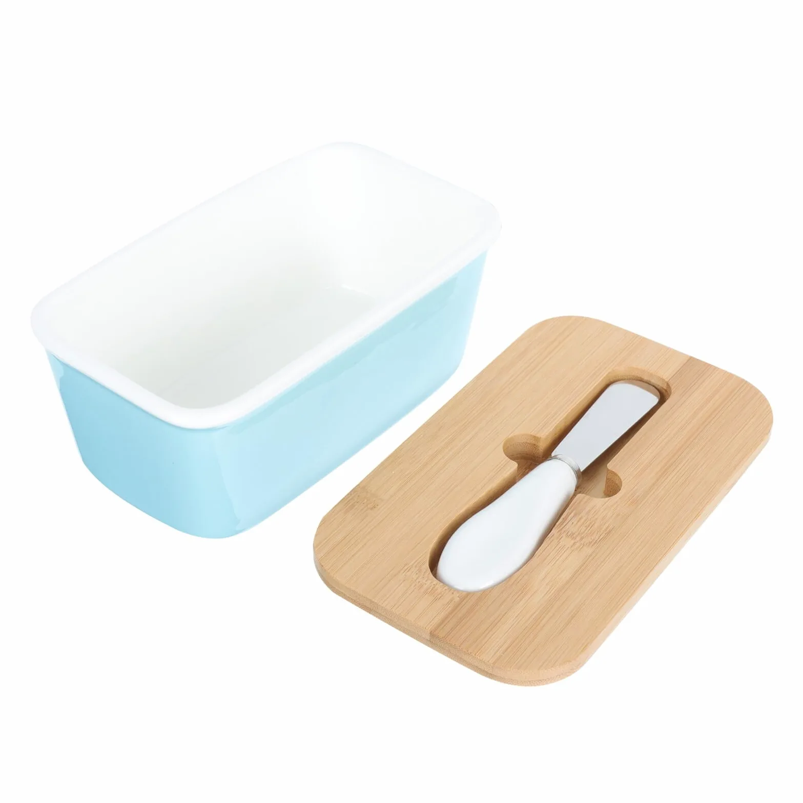 Veemoon Beurrier Rectangulaire en Céramique 600 Ml avec Couvercle Hermétique en Bois et Couteau Intégré Beurrier Décoratif pour Réfrigérateur Cuisine Conservation Optimale du Beurre et