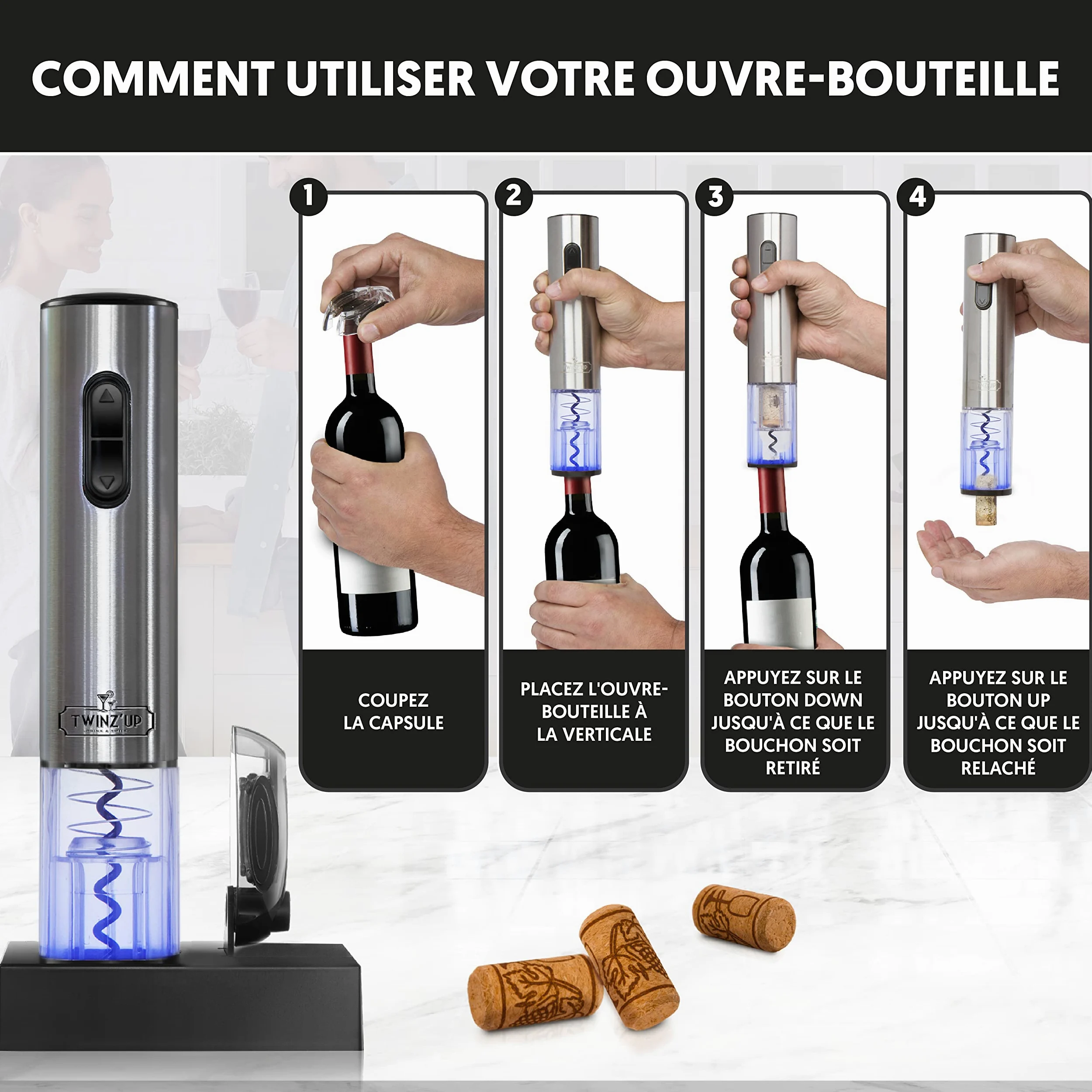 Twinz’Up Tire Bouchon Electrique Rechargeable - Coffret Cadeau Homme - Ouvre Bouteille Electrique sans-Fil avec Socle Chargeur et Coupe-Capsule