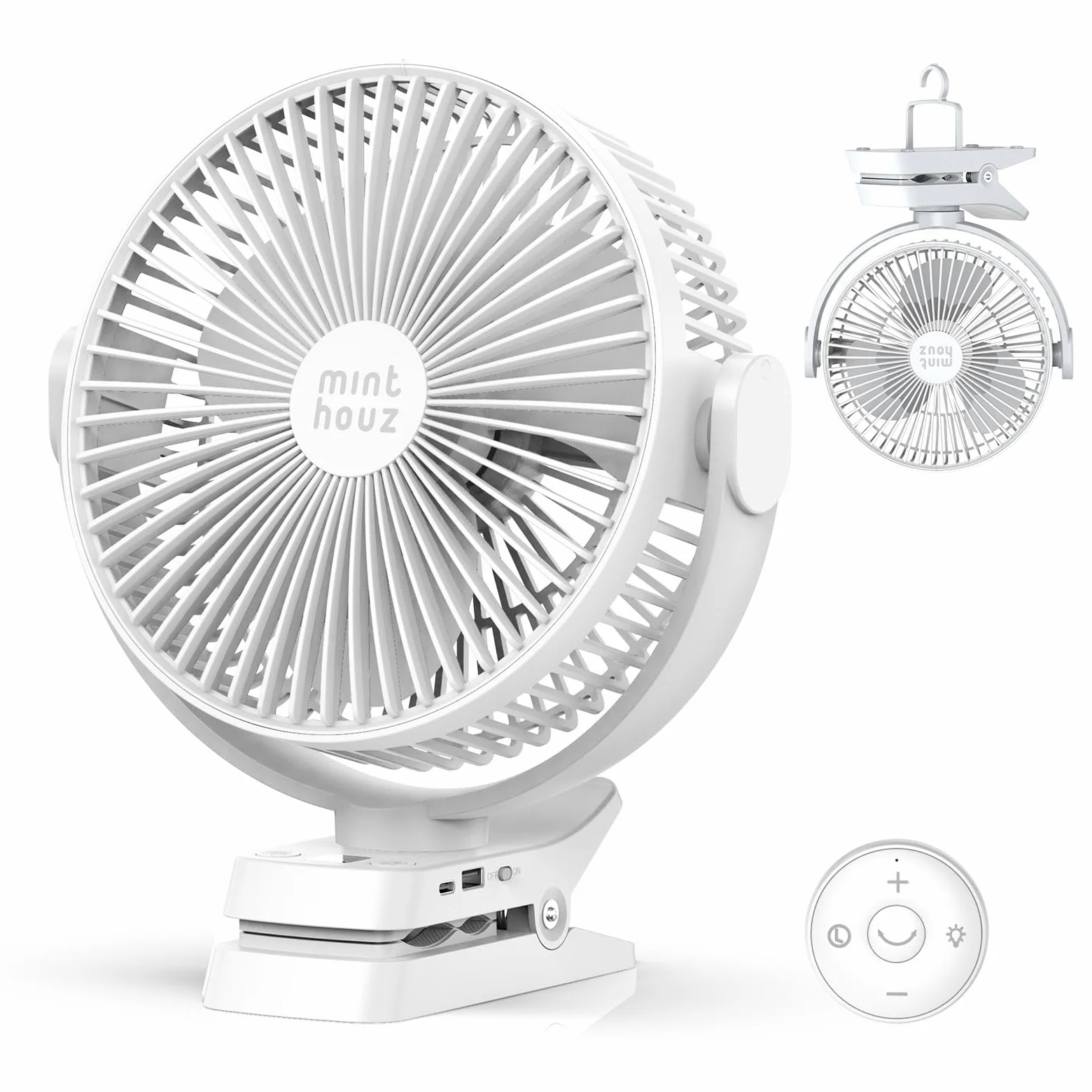 Minthouz Ventilateur à clip 12 000 mAh, 20 cm, ventilateur de table USB de 8", 5 niveaux, 29 heures d'autonomie, télécommande et affichage LED, ventilateur portable pour bureau, poussette et camping