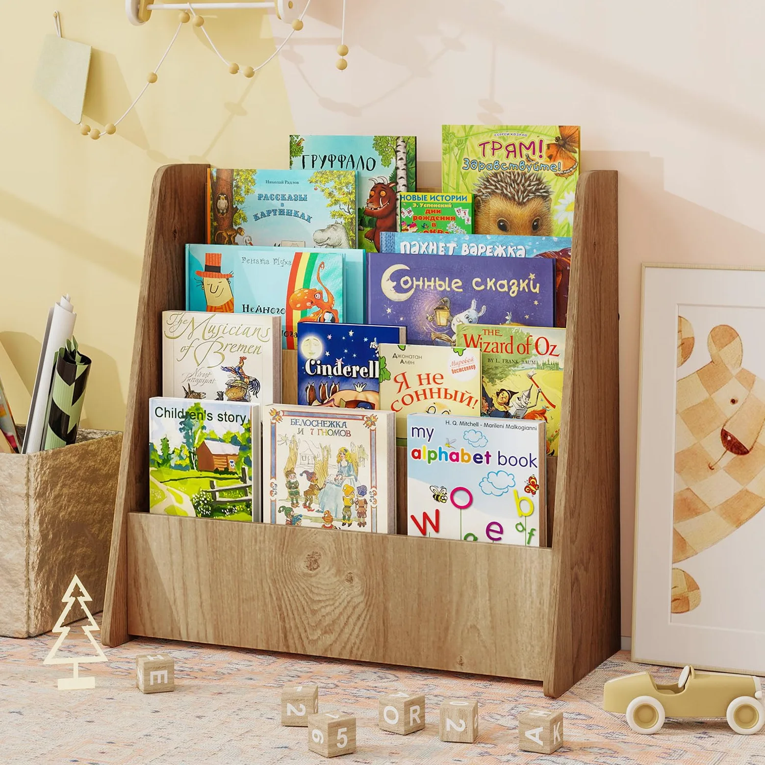 COSTWAY Bibliothèque Enfant en Bois à 4 Niveaux de Compartiments Ouverts, Étagère à Livres avec Patins Antidérapants, Meuble Rangement Jouet Montessori pour Bureau Chambre d’Enfant, 57,5x26,5x59cm