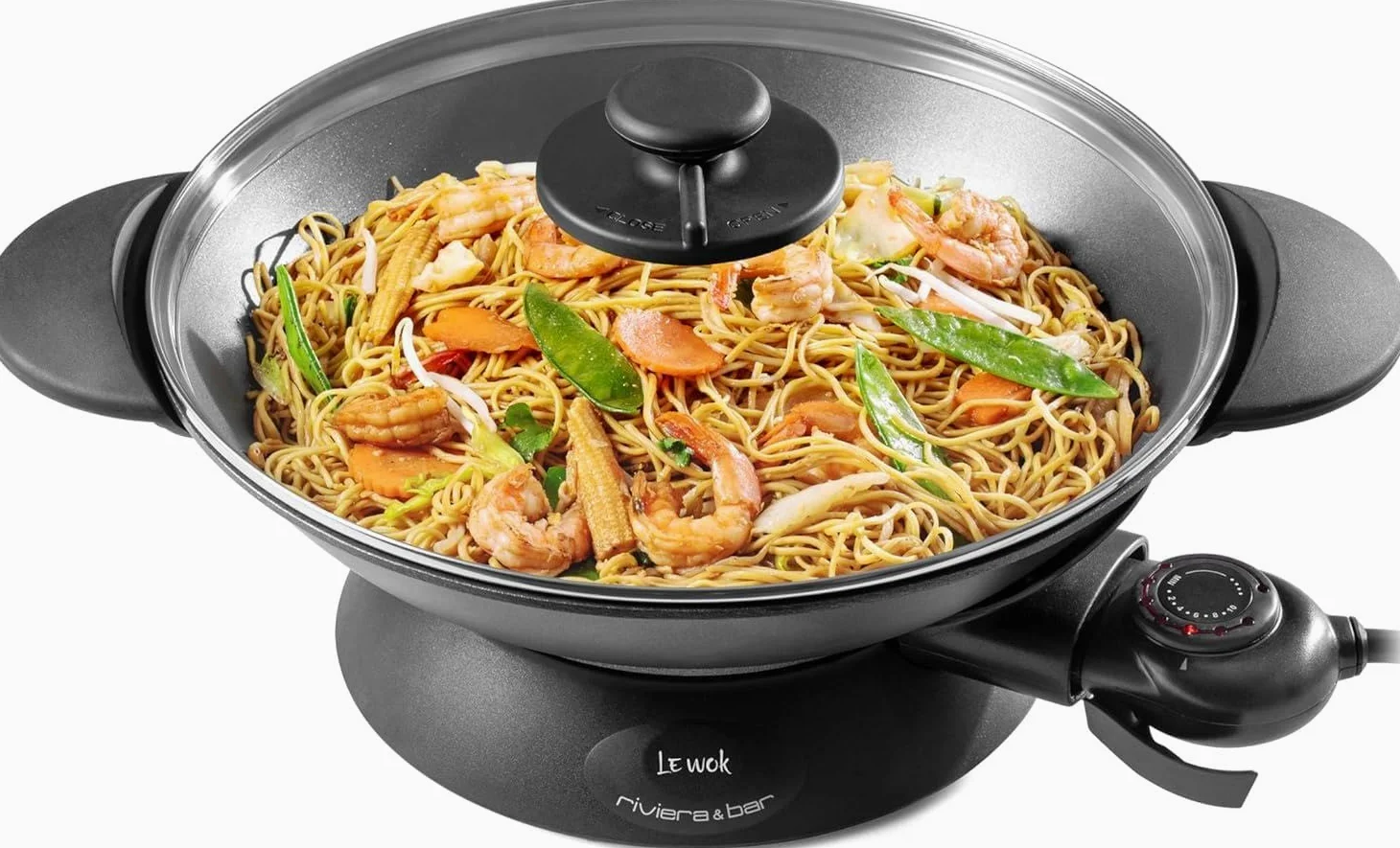 riviera&bar Wok Électrique Expert 5L - 2200W, Cuve en Fonte d'Aluminium, Couvercle en Verre, Thermostat Réglable 10 Positions - Idéal pour 8 Personnes - Accessoires Inclus - Nettoyage Facile