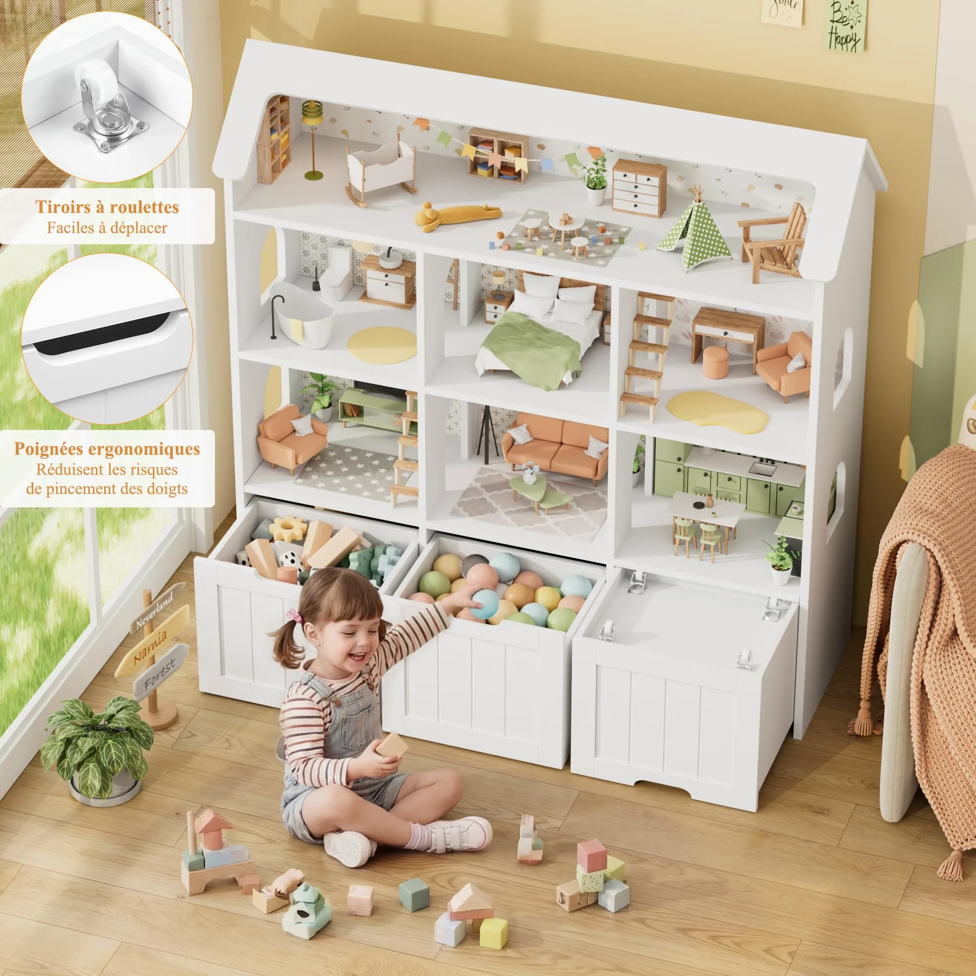 FOREHILL Meuble Rangement Enfant, Maison de Poupée, Bibliothèque Enfant avec 7 Étagères 3 Tiroirs Roulants, Rangement Jouet Chambre Enfant, 120x30x117.5cm, Blanc