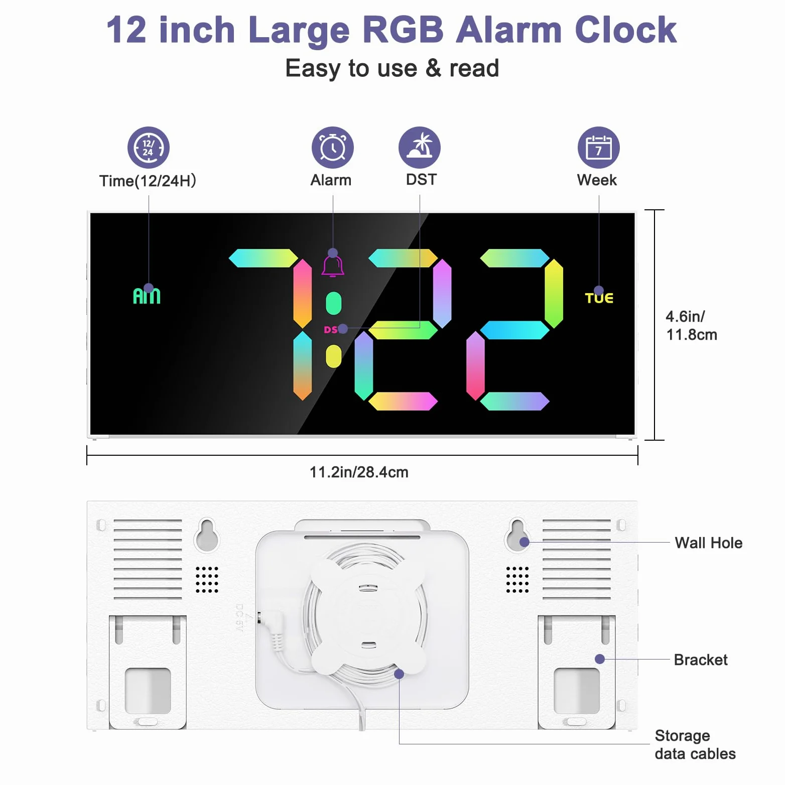 Horloge Murale, Réveil Numérique RGB Écran 12" avec Télécommande, 5 Niveaux de Luminosité, Affichage Date et Heure, Mode Nuit, Horloge Digitale pour Salon, Salle de Sport