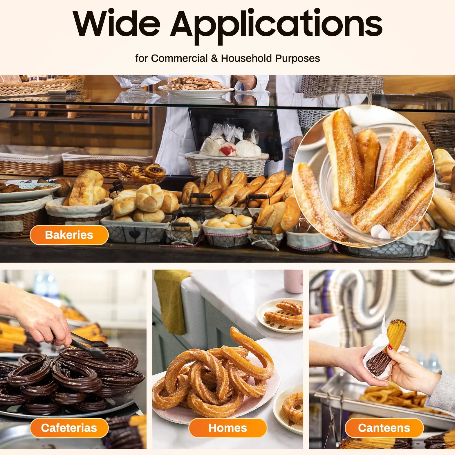 Machine à churros professionnelle en acier inoxydable – Machine à churro commerciale d'une capacité de 5 l avec 6 buses, utilisation manuelle pour la maison et le commerce