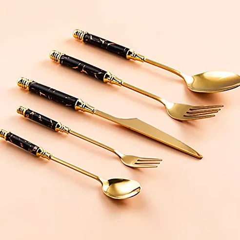 Ensemble de couverts en argenterie, 30 pièces, ensemble, vaisselle, manche céramique marbre, couteau, fourchette, cuillère, à steak, dessert, lavable au lave-vaisselle, vert