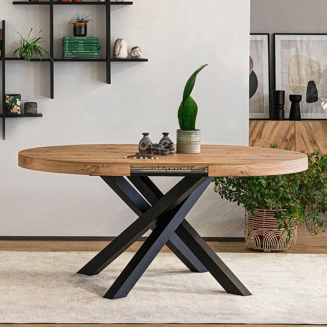 MOBILI FIVER, Table Ronde Extensible Emma, 120-160 cm, Bois Rustique, avec Pieds Noirs croisés, pour 4-6 Personnes, Table Extensible pour Cuisine, Salon, Made in Italy
