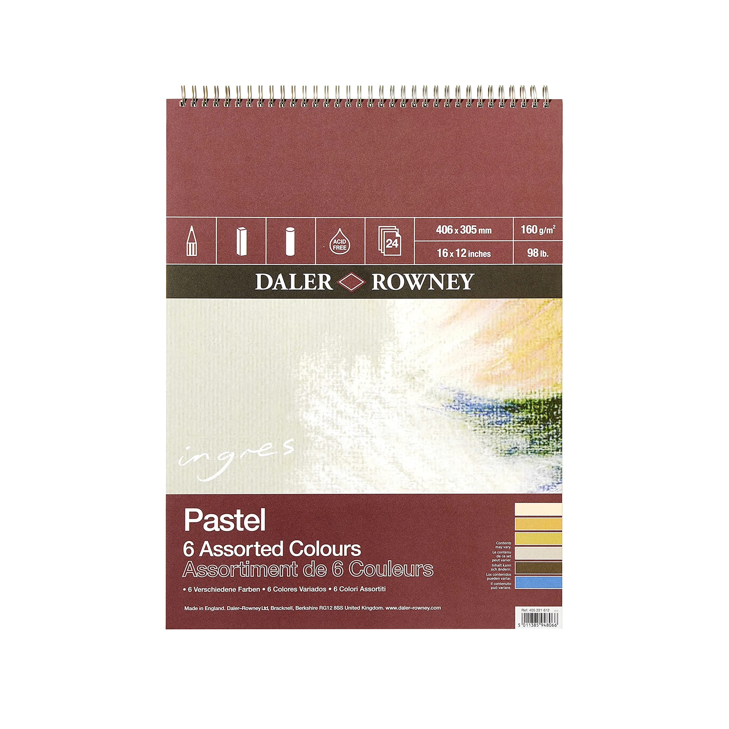 Daler-Rowney Ingres Bloc de Papier à Spirale 16 g/m² 40,6 x 30,5 cm Pastel Texture Vernie 6 Couleurs Assorties 24 Feuilles Idéal pour Les Artistes Professionnels