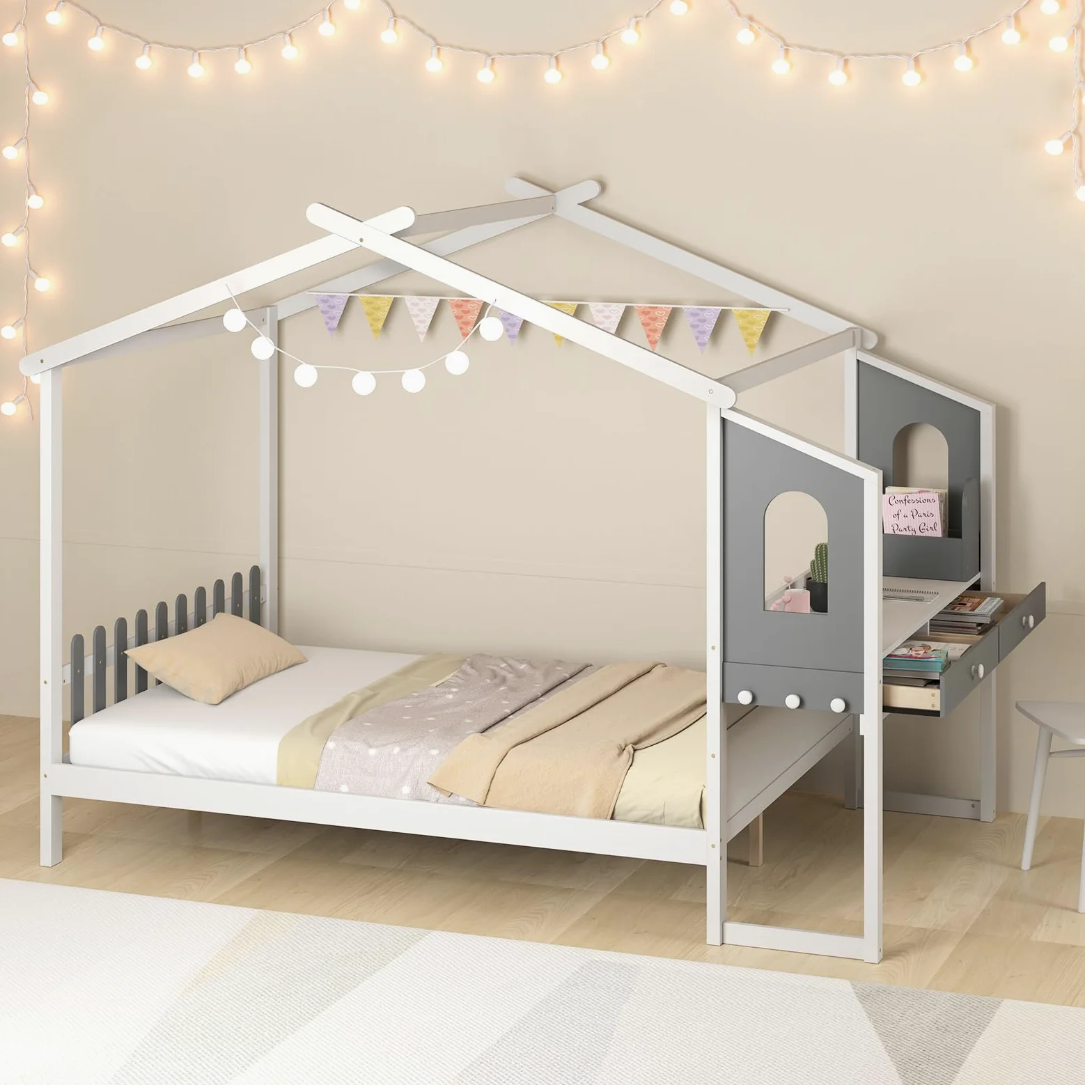 COSTWAY Lit Cabane Enfant 140 x 200 cm avec Grand Bureau, Lit Maison Double en Bois avec sommier à Lattes, Crochets et Tiroirs, Cadre de Lit Plateforme pour Garçon et Fille, Blanc et Gris