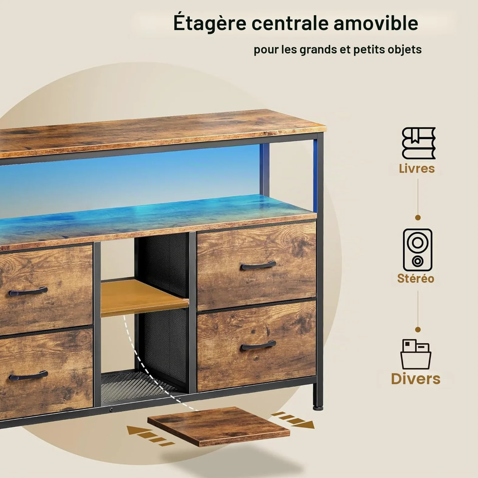 BRILVERDE Meuble TV LED 108cm avec 4 Tiroirs en Tissu PU, Banc TV Vintage, Meuble Télé avec Rangement, Buffet Multimédia pour Salon, Chambre (Rayures de Tigre, 108cm A)