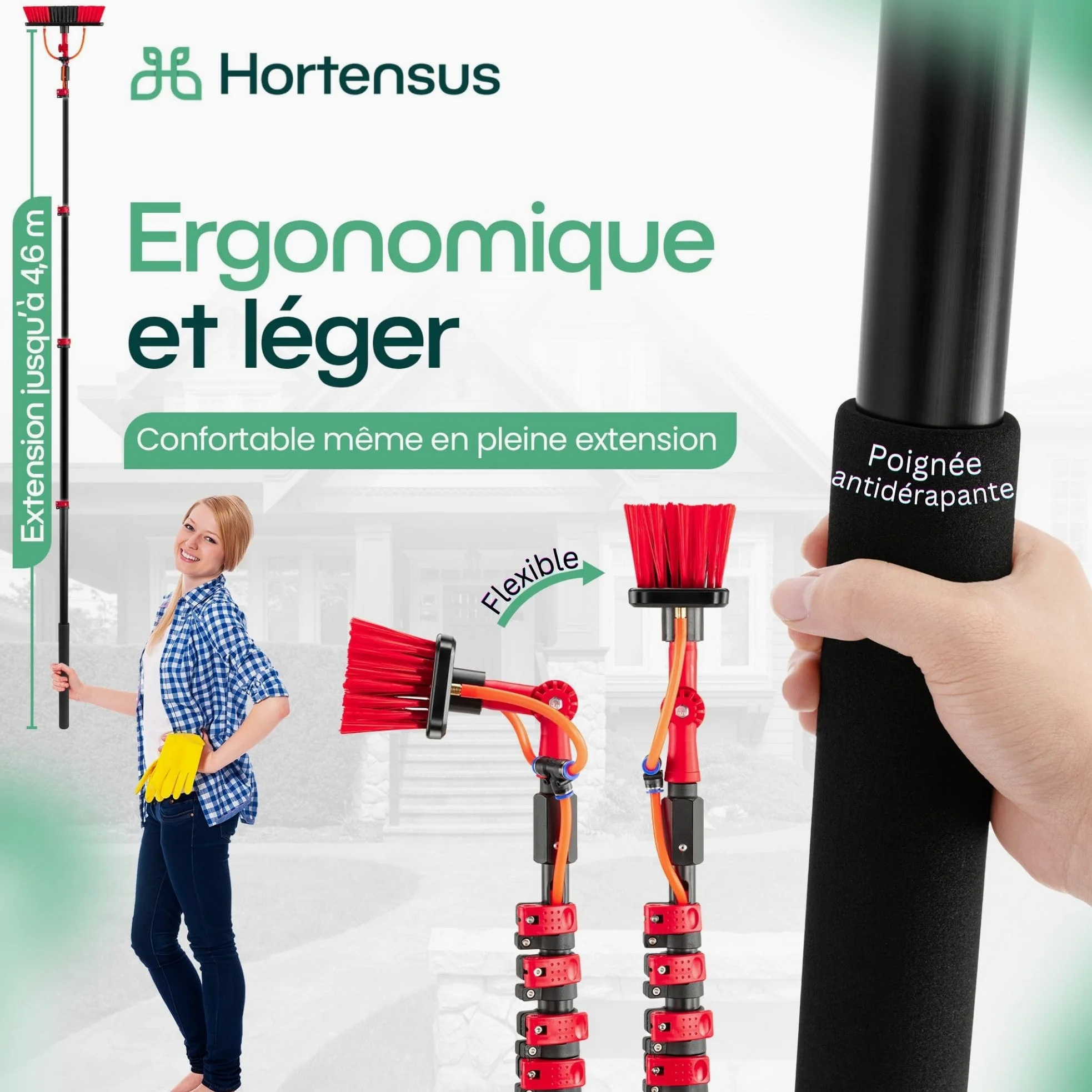 Balai Brosse Telescopique – Brosse Telescopique de Nettoyage avec Raccord d’Eau pour Voitures, Camping-Cars, Garage, Toiture, Façades et Nettoyage des Panneaux Solaires (4,6 m)