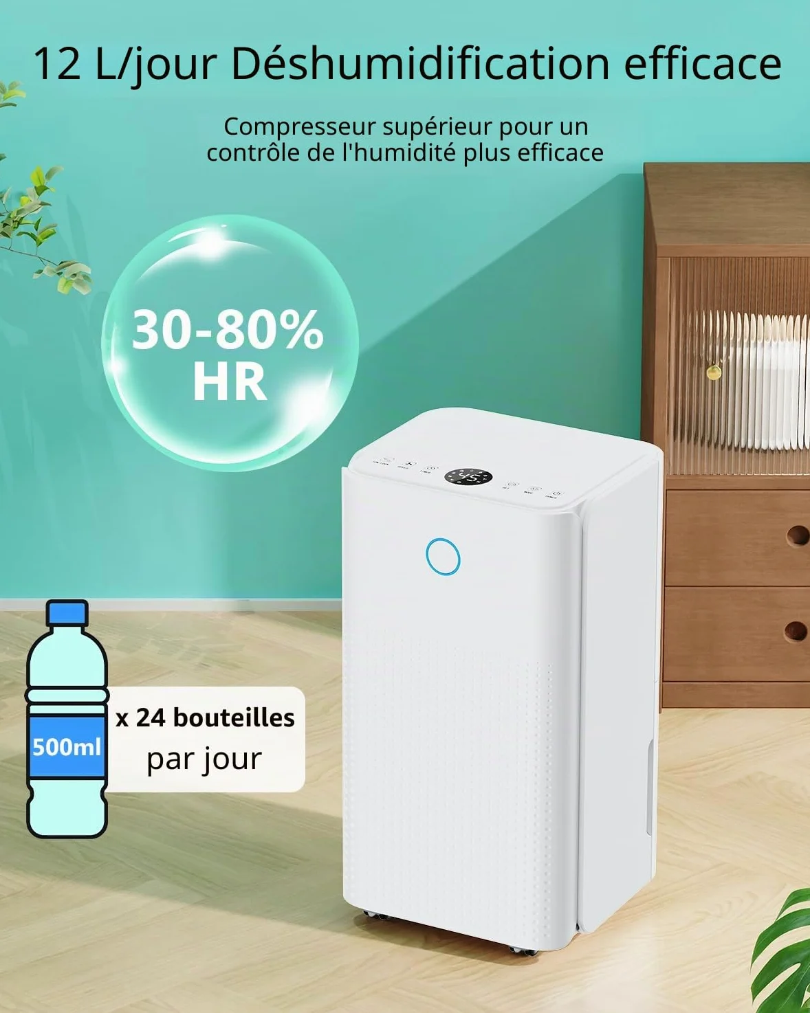 Déshumidificateur Électrique 12L/Jour avec Compresseur, 3 Modes, Silencieux et Basse Consommation, Drainage Continu, Réservoir 2,2 L, Minuterie 24 h, Deshumidificateur d Air pour Maison