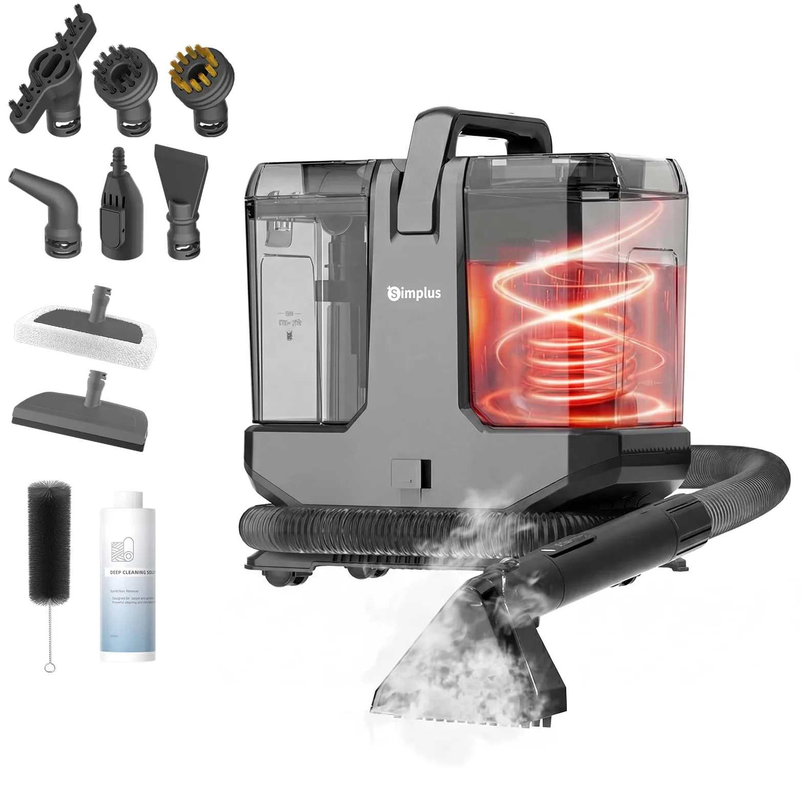 SIMPLUS Nettoyeur Vapeur Tissu Canapé Portable avec Fonction Eau Chaude 110℃, Shampouineuse Extracteur 22000Pa, Double Réservoir, 9 Brosses pour Tapis Moquette Voiture Matelas Animaux