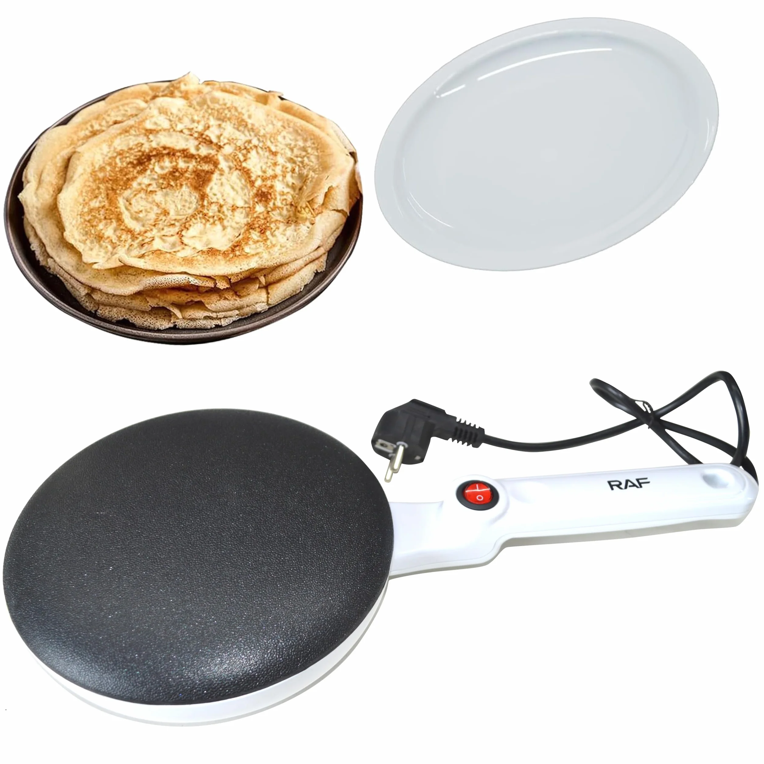 Crepiere Electrique, 600 Watts avec Interrupteur Marche/arrêt séparé Conception à poignée étendue pour Crêpes Très Fines, Revêtement Antiadhésif en Téflon avec Bol Alimentaire. (Blanc)
