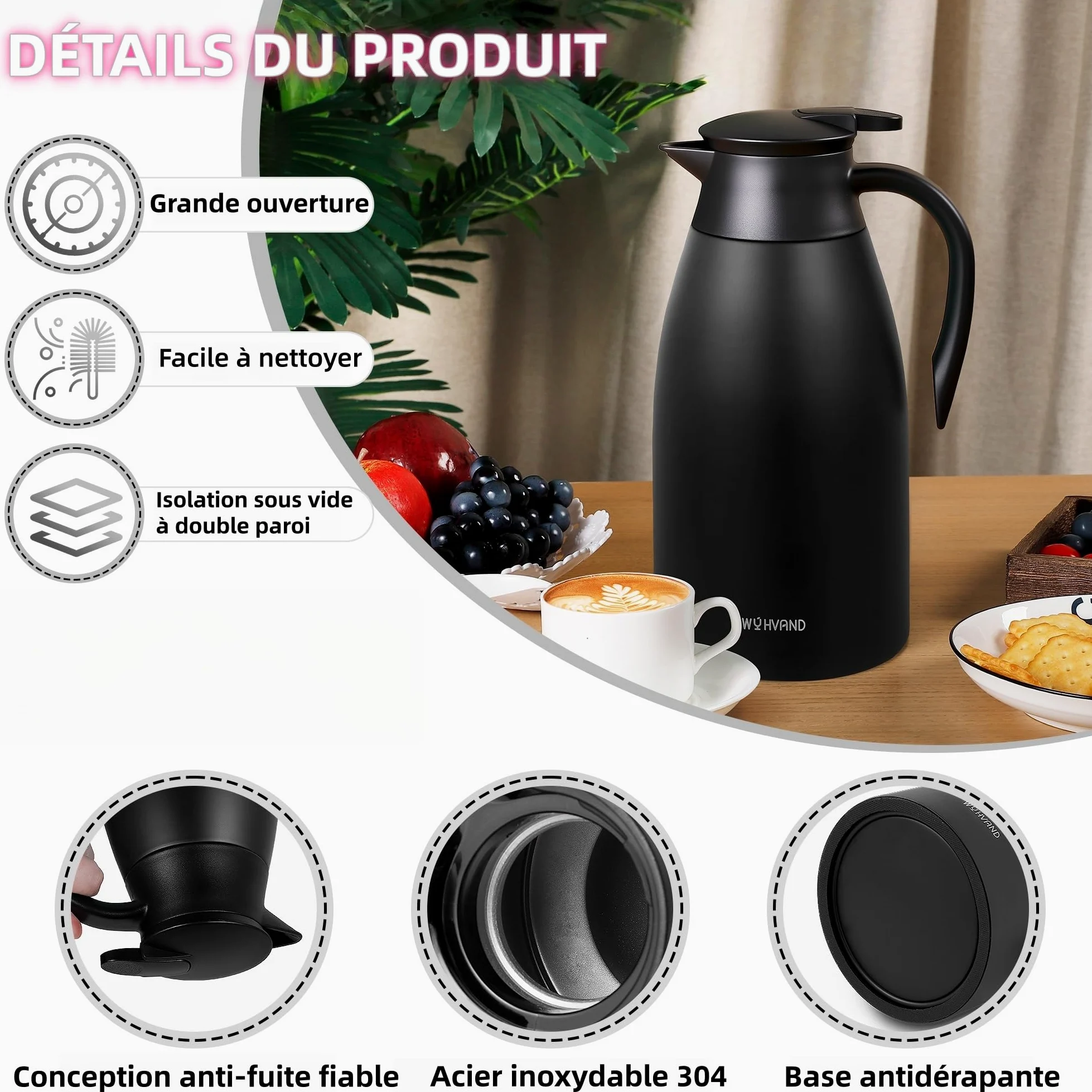 Carafe Isotherme 2L, Pichet à Café en Acier Inoxydable 304, Garde le Chaud et le Froid, Étanche, Versement à Une Main, Maison, Bureau et Hôtel, Noir