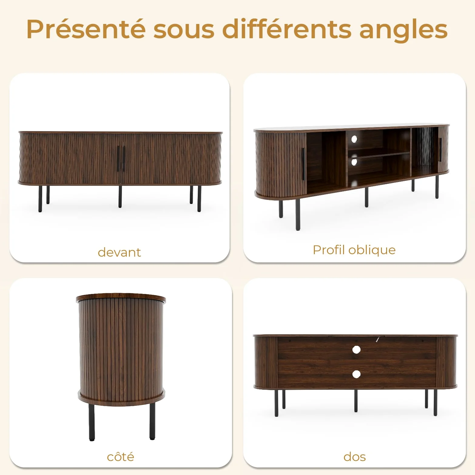 LEADZM Meuble TV avec 2 Portes Coulissantes Étagère Ajustable pour Salon et Chambre à Coucher, Style à lamelles Verticales, 147 x 35 x 58 cm (Noyer)