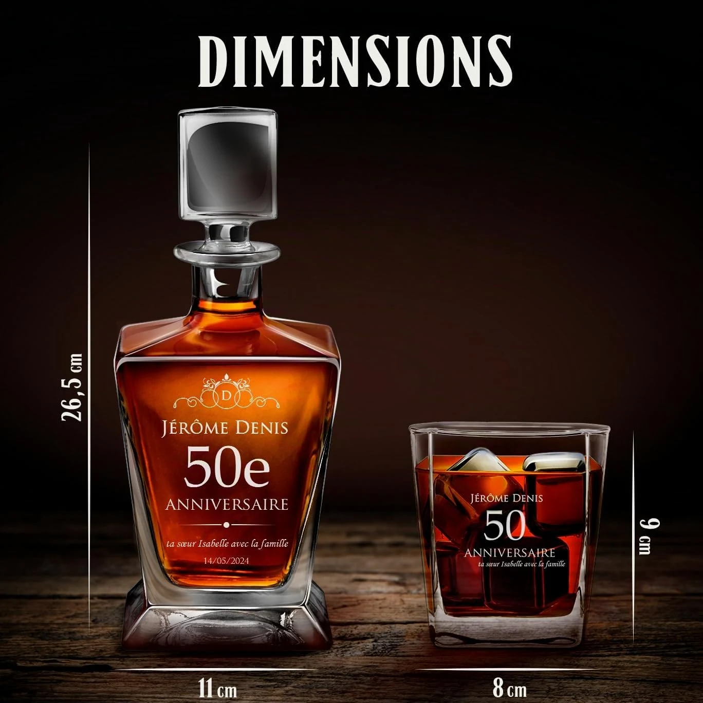 Maverton Ensemble de Carafe et 2/4 / 6 verres à whisky avec personnalisation - Set en verre transparent pour homme - pour anniversaire - pour lui - pour dégustation de whiskey - 50 ans