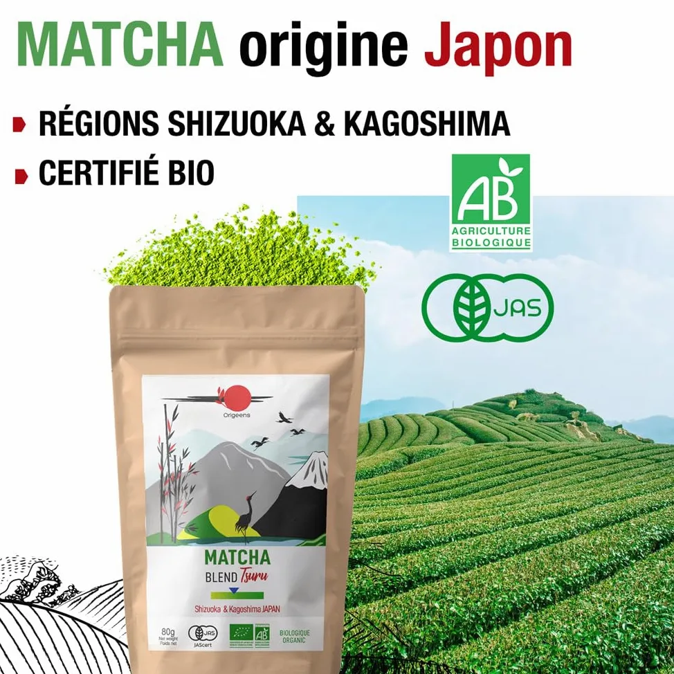 ORIGEENS Kit Matcha Complet JADE - Conditionné en France - Matcha Kit avec Bol Matcha Artisanal (Portugal), Fouet Chasen, Thé Matcha BIO Japonais et Cuillère doseuse Chashaku