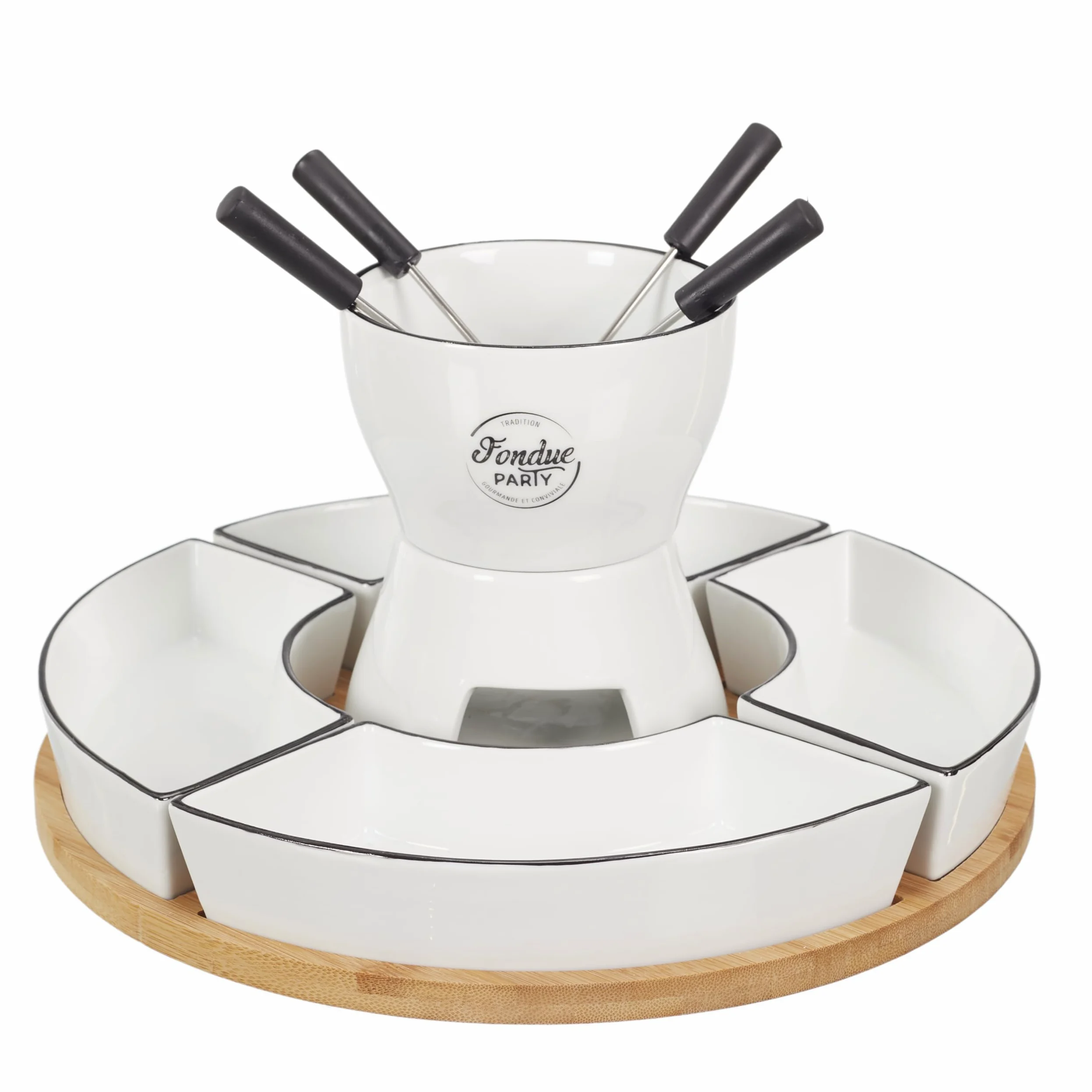 COOK CONCEPT - KA4602 Coffret à Fondue avec Support en Bambou et Coupelles - Conçu pour Repas Conviviaux - Dimensions 19 x 30 x 30 cm - Couleur Blanche