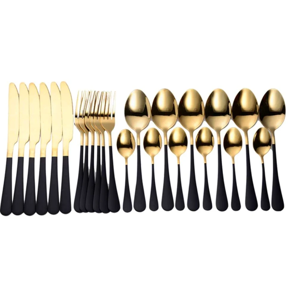 Lot de 24 couverts en acier inoxydable doré, fourchettes de cuisine, couteaux, cuillères, vaisselle, noir, doré, 6 ensembles