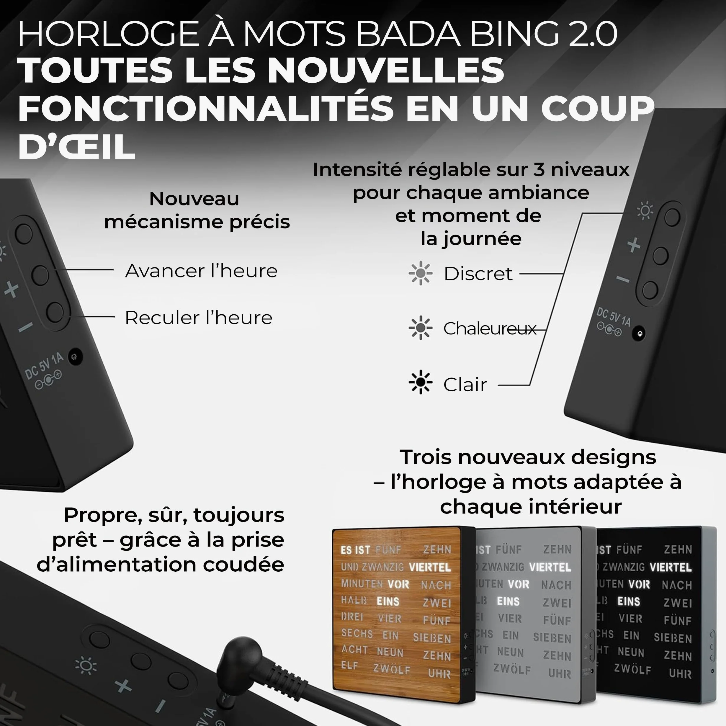 Bada Bing Horloge LED Noire avec Affichage du Mot Allemand - Horloge | en métal élégante avec câble USB - Horloge murale moderne - Horloge de table de qualité supérieure silencieuse à poser/à