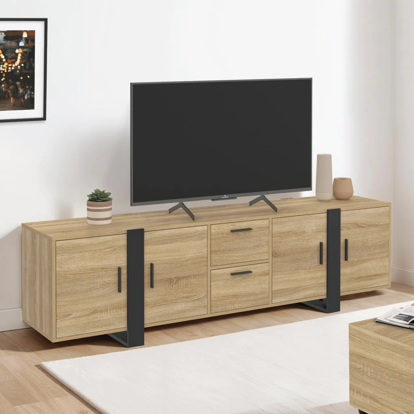 IDMarket - Meuble TV 180 cm Phoenix avec rangements Bois et Noir