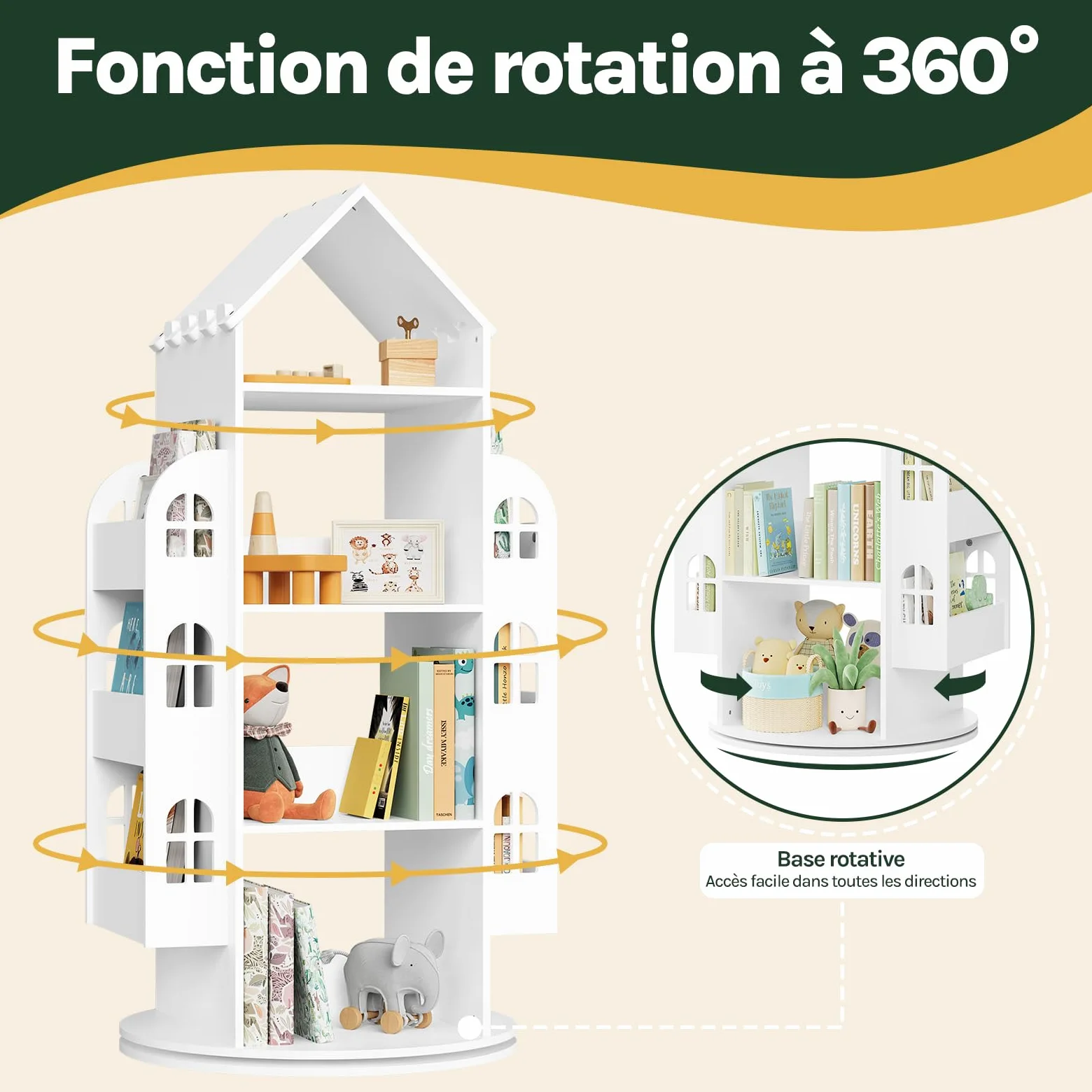 WOLTU Bibliothèque pour Enfants, Étagère Rotative à 4 Niveaux, Meuble de Rangement pour Jouets avec 13 Compartiments, Bibliothèque Blanche en Forme de Maison, 63x59x125cm