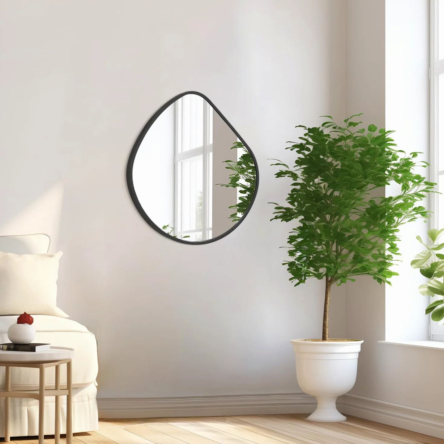Miroir mural irrégulier, miroirs muraux décoratifs 48 x 50 cm, miroir asymétrique noir avec cadre en alliage d'aluminium aéronautique pour salle de bain, salon, chambre à coucher, entrée