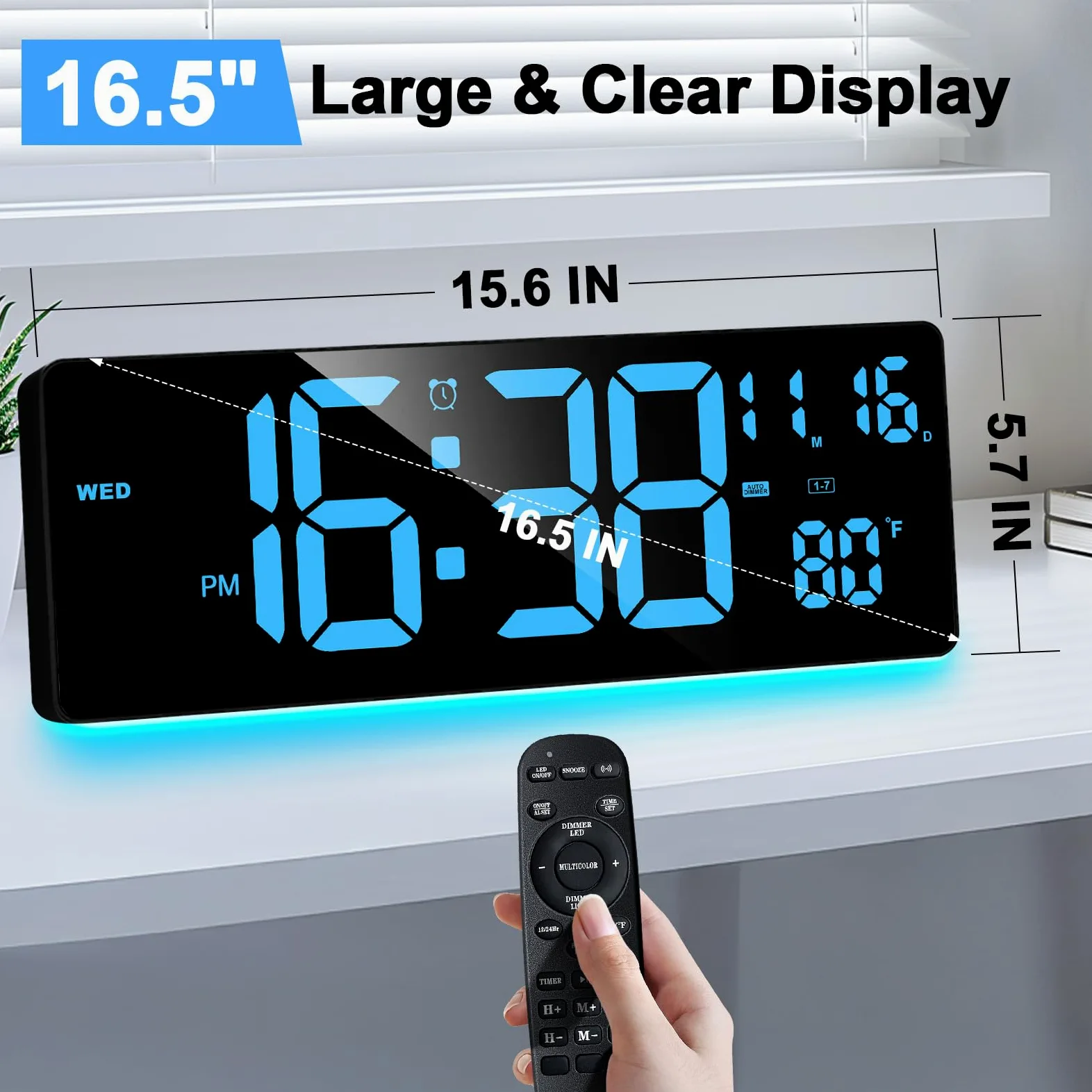 XREXS Horloge murale numérique avec grand écran, horloge murale LED de 41,5 cm (16,5") avec 6 veilleuses à changement de couleur, compte à rebours DST automatique avec contrôle