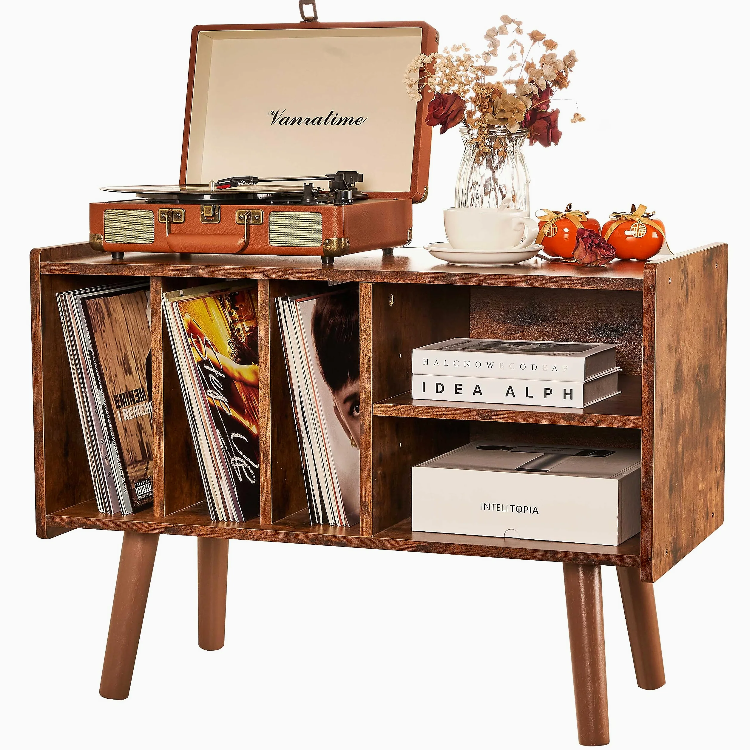Support de Tourne-Disque Avec Rangement en Vinyle - Grande Table de Lecteur de Disques Pour Albums - Capacité de 136 kg - Support en Bois du Milieu du Siècle
