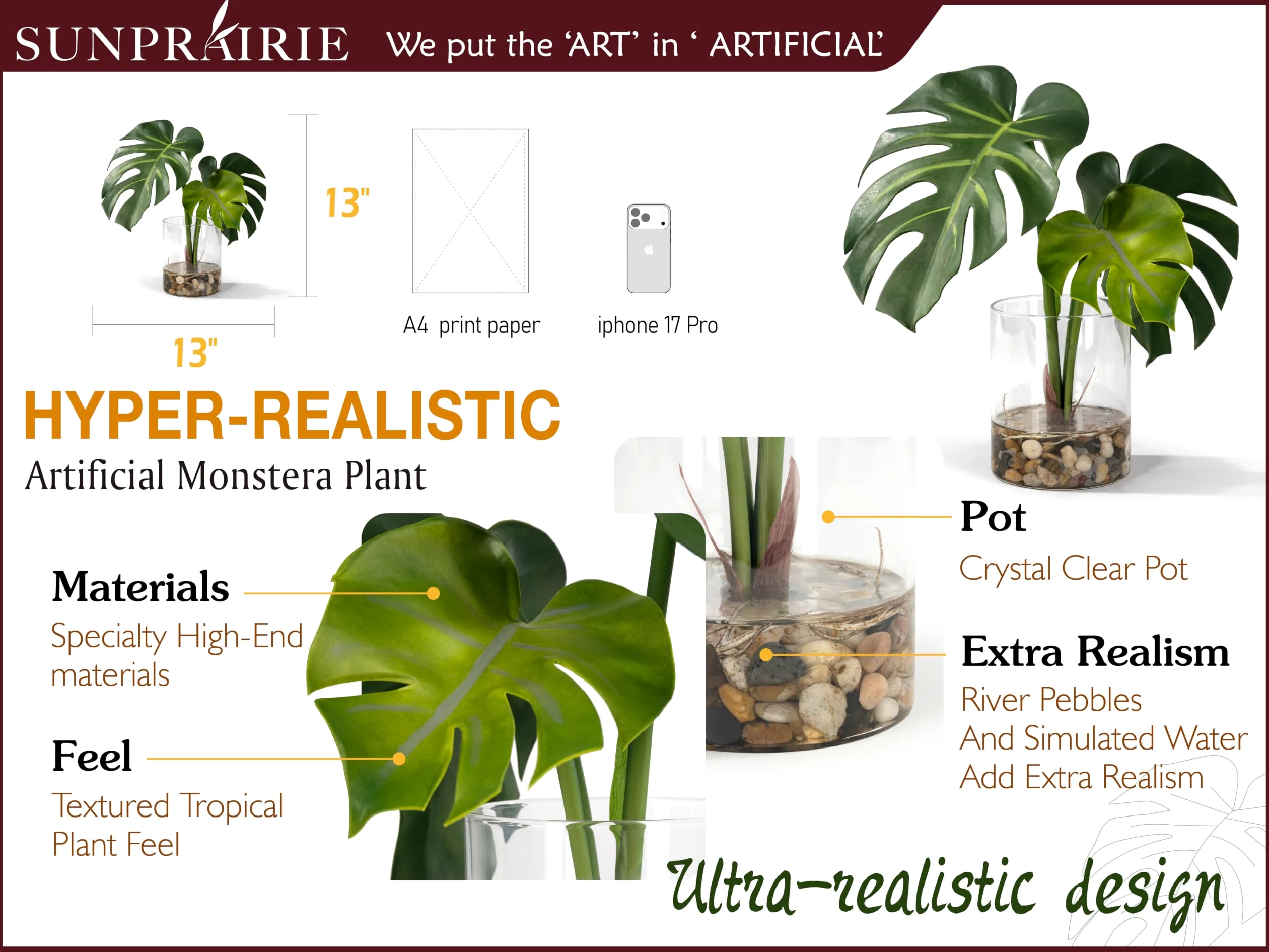 SUNPRAIRIE Plante artificielle réaliste en pot transparent avec de l'eau artificielle, larges feuilles de monstera, plantes artificielles d'intérieur et d'extérieur