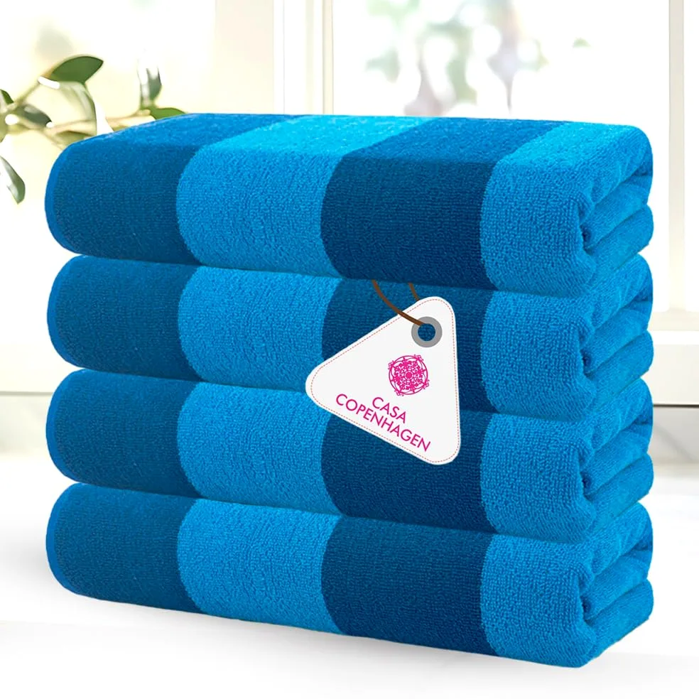 Casa Copenhagen Serviettes de Plage Malibu, conçues au Danemark, Robustes et durables, séchage Rapide, pour la Piscine. Lot de 4 Serviettes de Plage et de Bain en Coton, 76x 152cm. Bleu/Turquoise