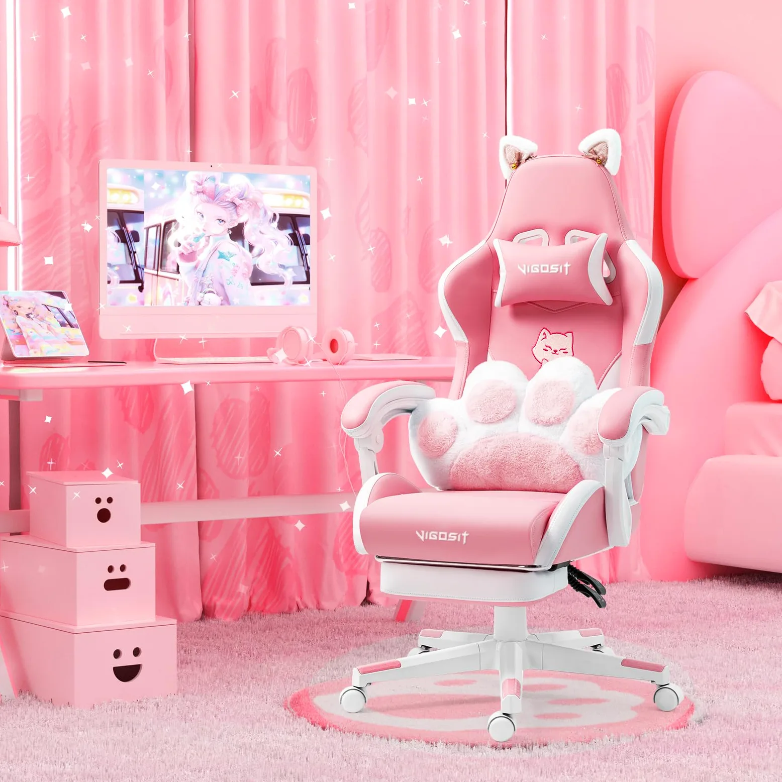 Vigosit Chaise de jeu PC mignonne, ergonomique, avec coussin lombaire et oreilles de chat, repose-pieds réglable, pour filles, adolescentes, enfants, rose