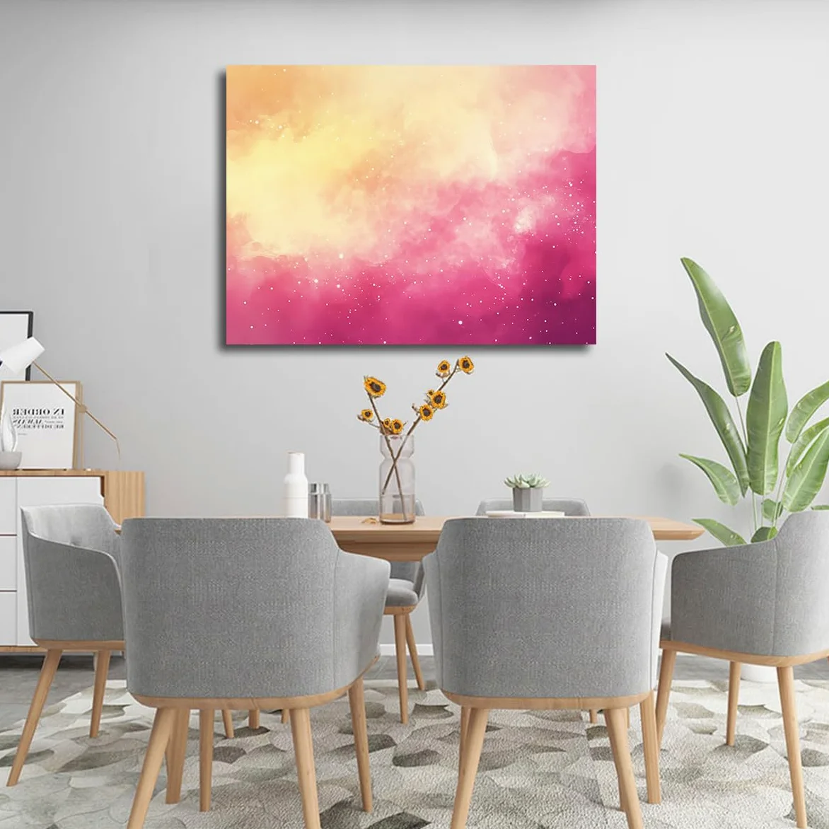 Via Vela Art mural abstrait galaxien en toile Décorations en dégradé rose et jaune chaud Affiches de rêve Ciel étoilé Peinture murale pour la décoration de la chambre 60x80cm